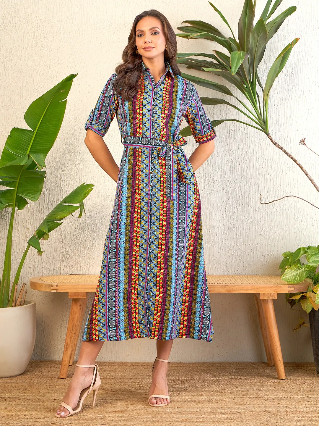 Printed Collar Buttoned Down Shirt Maxi Dress