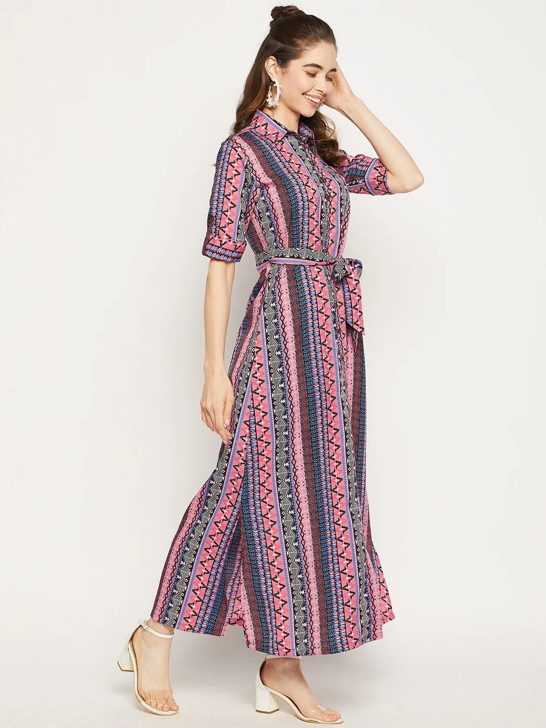 Printed Collar Buttoned Down Shirt Maxi Dress