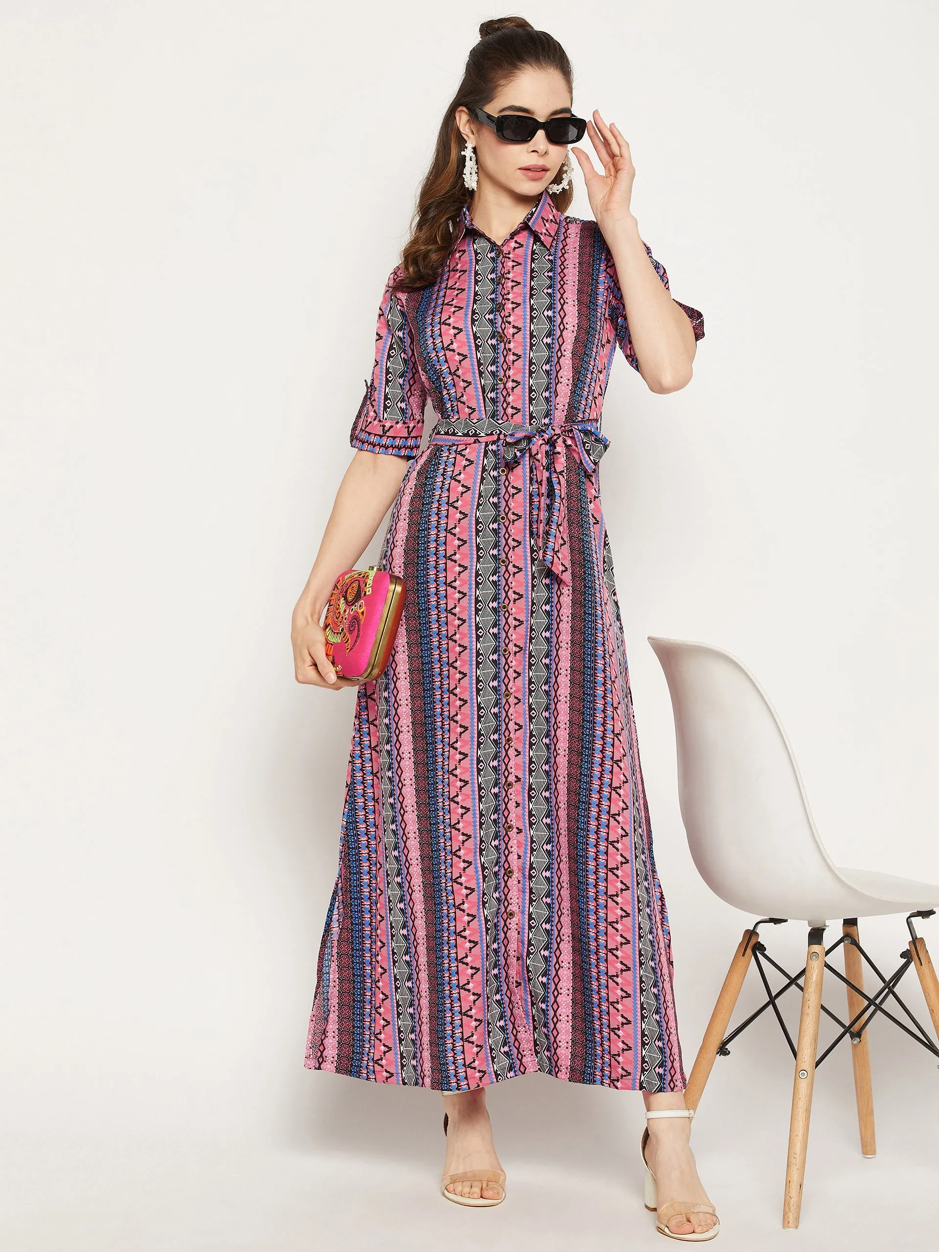 Printed Collar Buttoned Down Shirt Maxi Dress