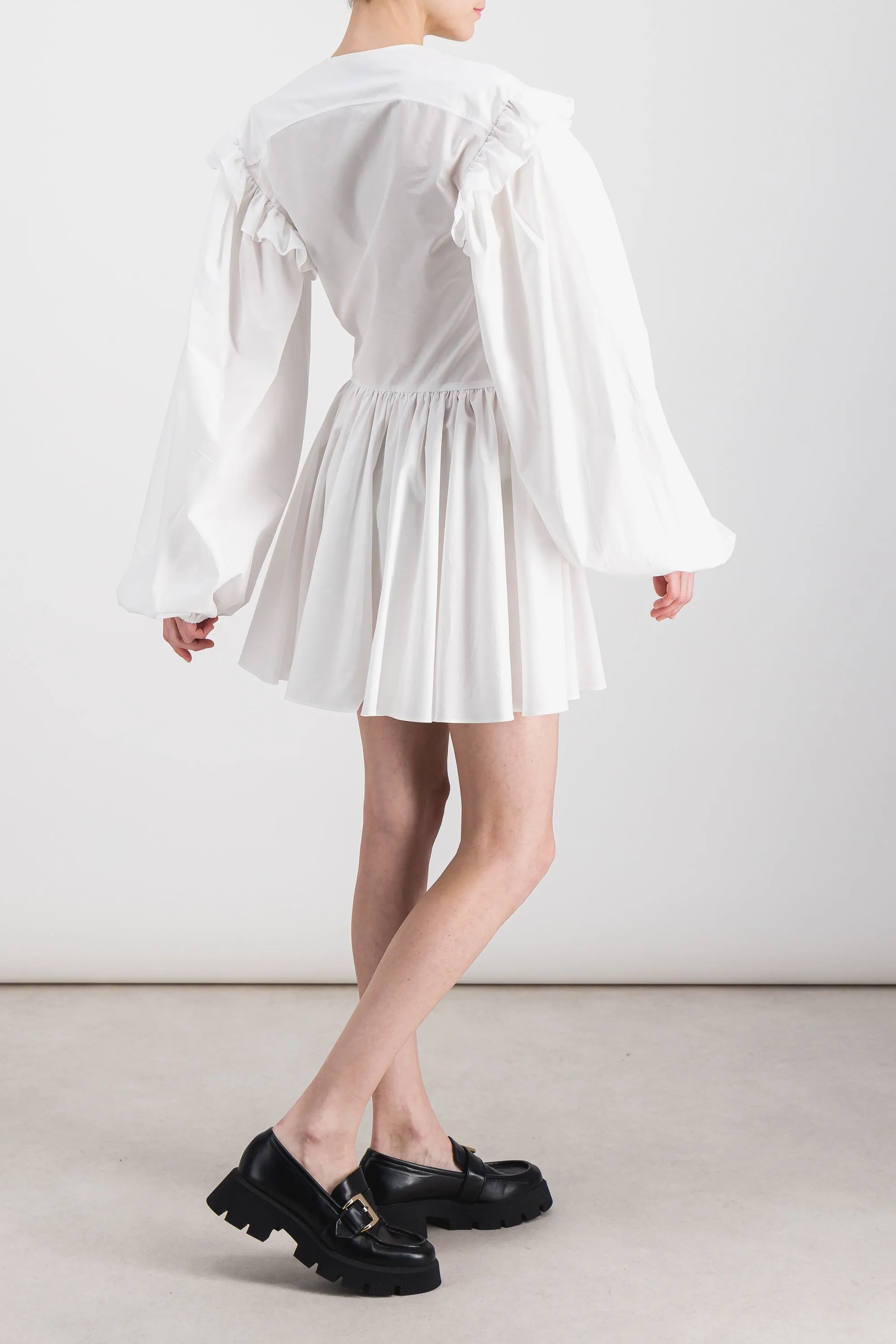 Puff sleeved pleated cotton mini dress