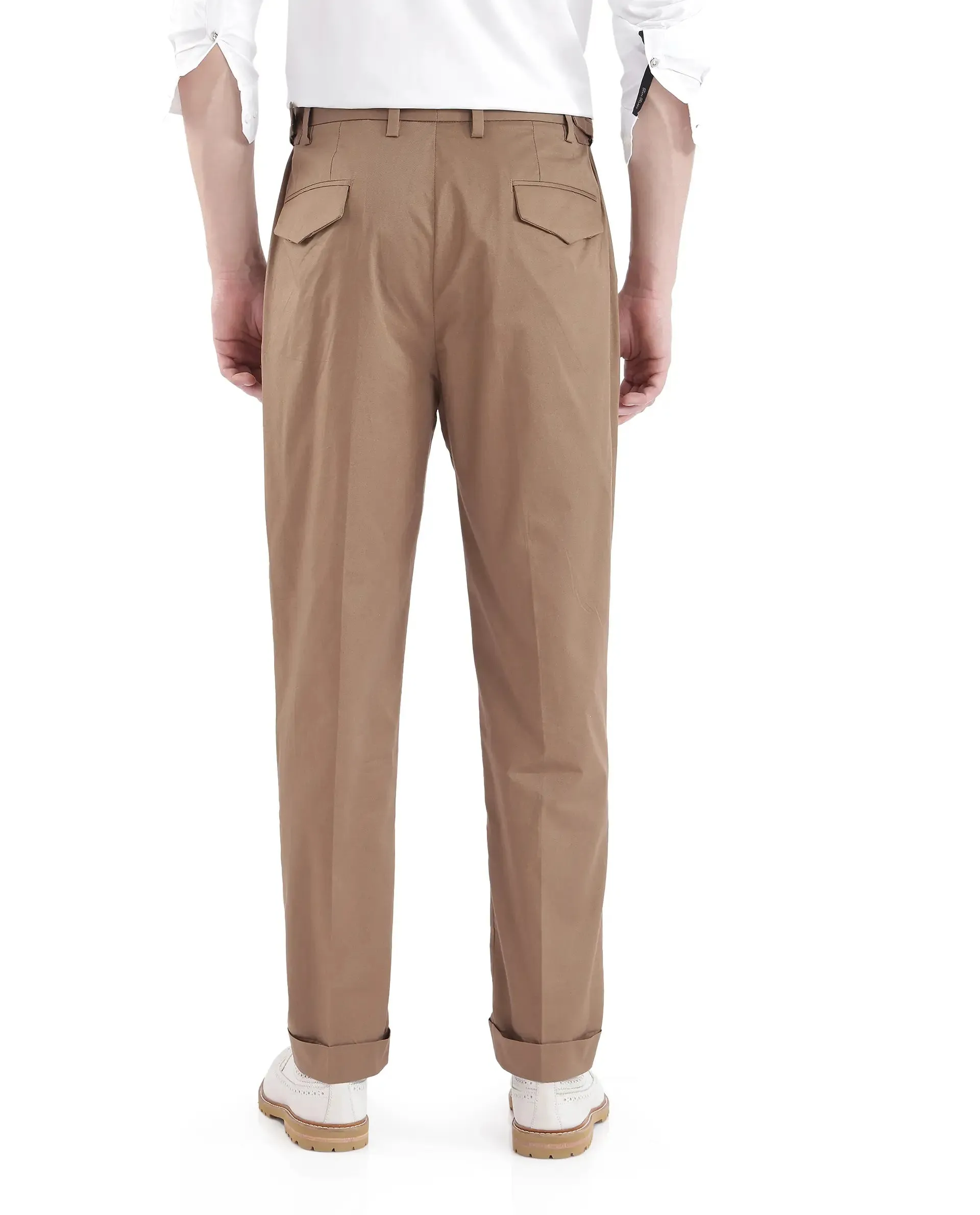 Rare Rabbit Men Lewit Khaki Cotton Fabric Adjustable Waistband Pleated Regular Fit Solid Trouser