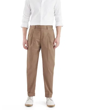 Rare Rabbit Men Lewit Khaki Cotton Fabric Adjustable Waistband Pleated Regular Fit Solid Trouser