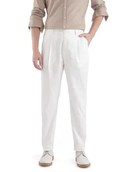 Rare Rabbit Men Lewit Off White Cotton Fabric Adjustable Waistband Pleated Regular Fit Solid Trouser