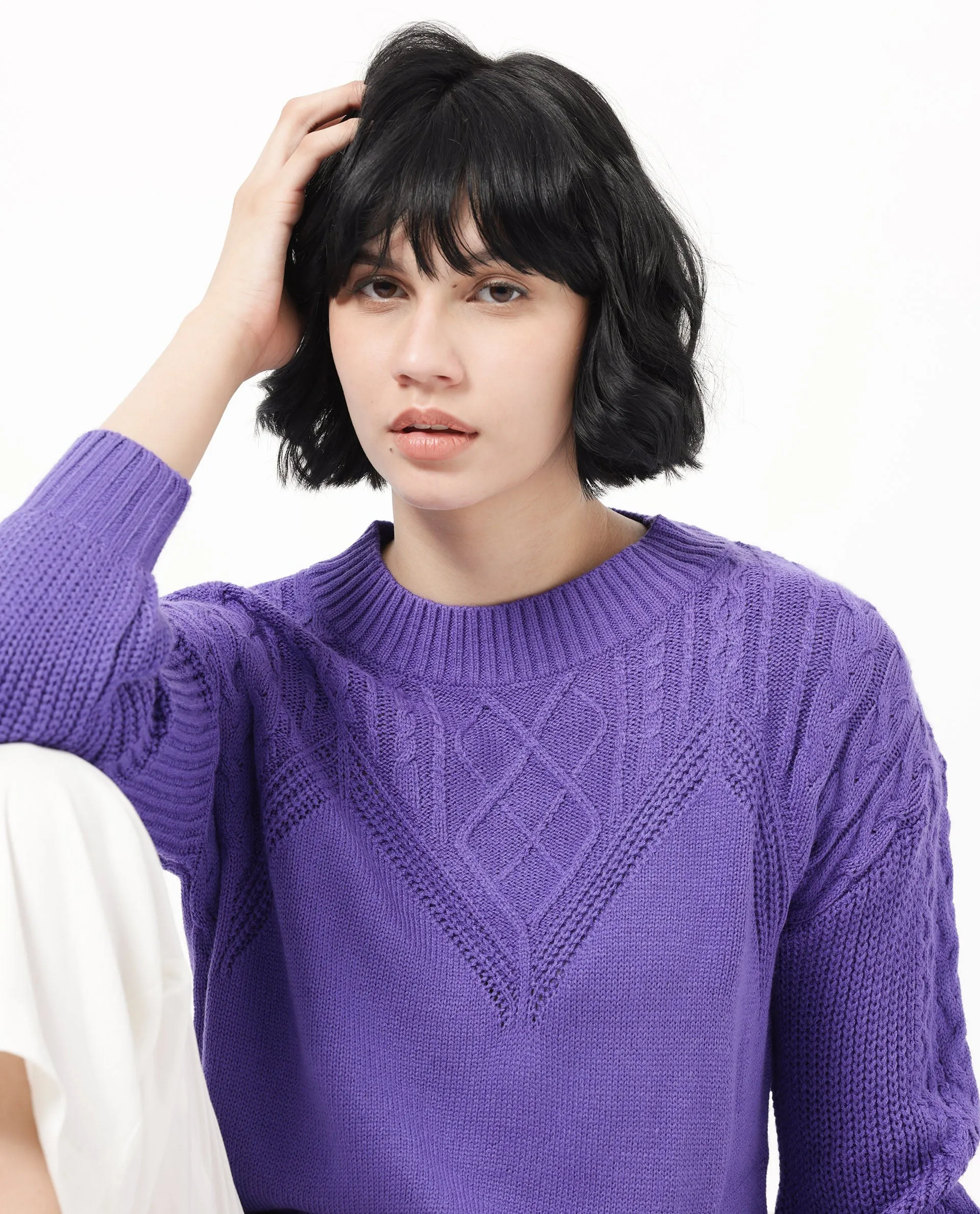 Rareism Women Klein Purple Acrylic Fabric Full Sleeves Round Neck Regular Fit Plain Sweater