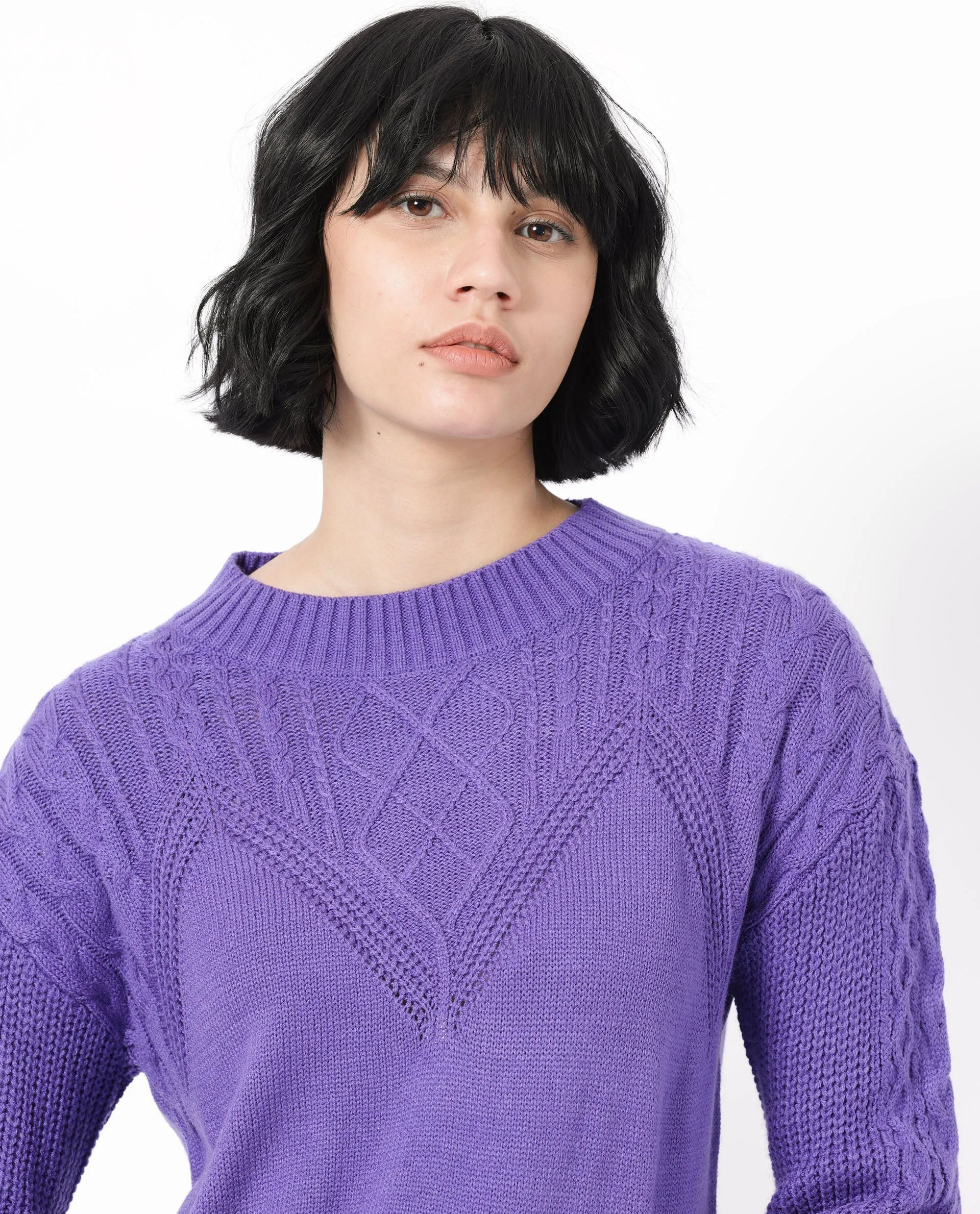 Rareism Women Klein Purple Acrylic Fabric Full Sleeves Round Neck Regular Fit Plain Sweater