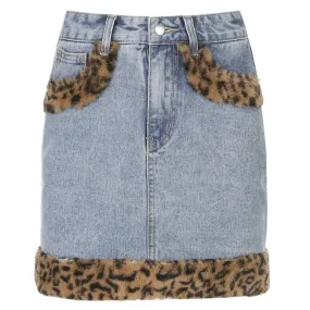 Retro Blue Denim Leopard Faux Fur Edges Mini Skirt