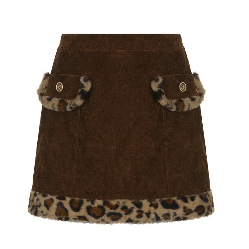 Retro Brown Leopard Faux Fur Pocket Edges Mini Skirt