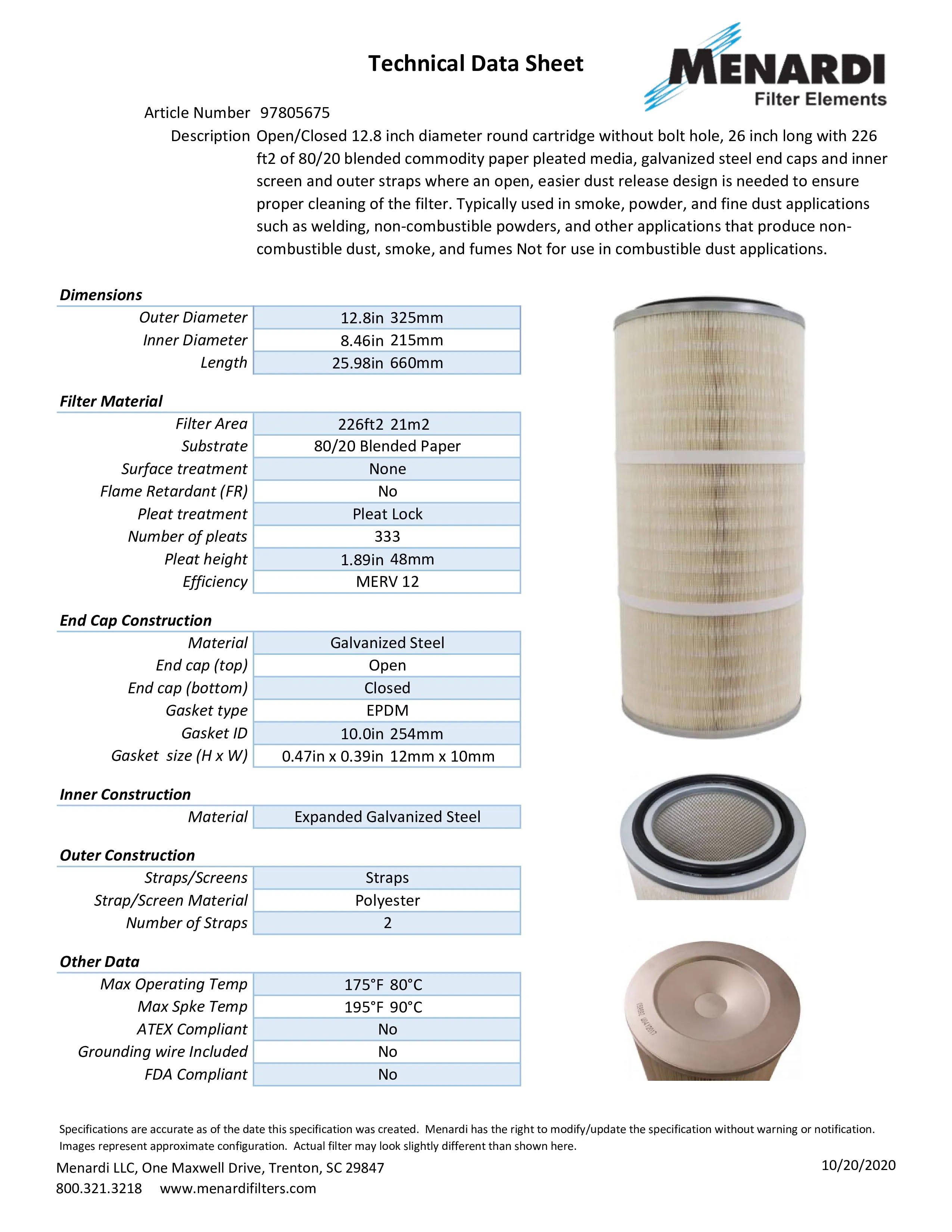 Round 12.8in x 26in Open/Closed Dust Collector Cartridge, 80/20 Blended Paper and 2 Straps