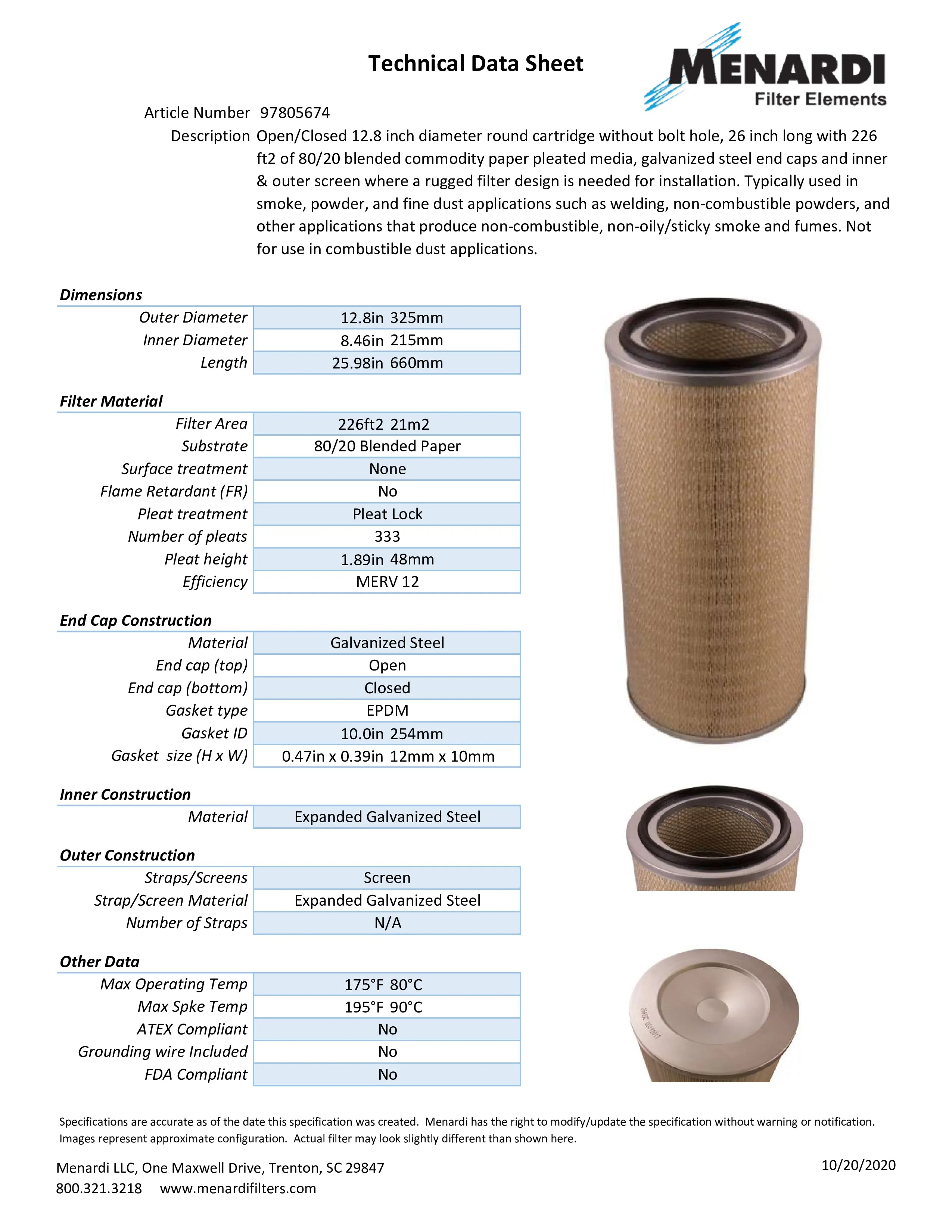 Round 12.8in x 26in Open/Closed Dust Collector Cartridge, 80/20 Blended Paper and Outer Metal Screen