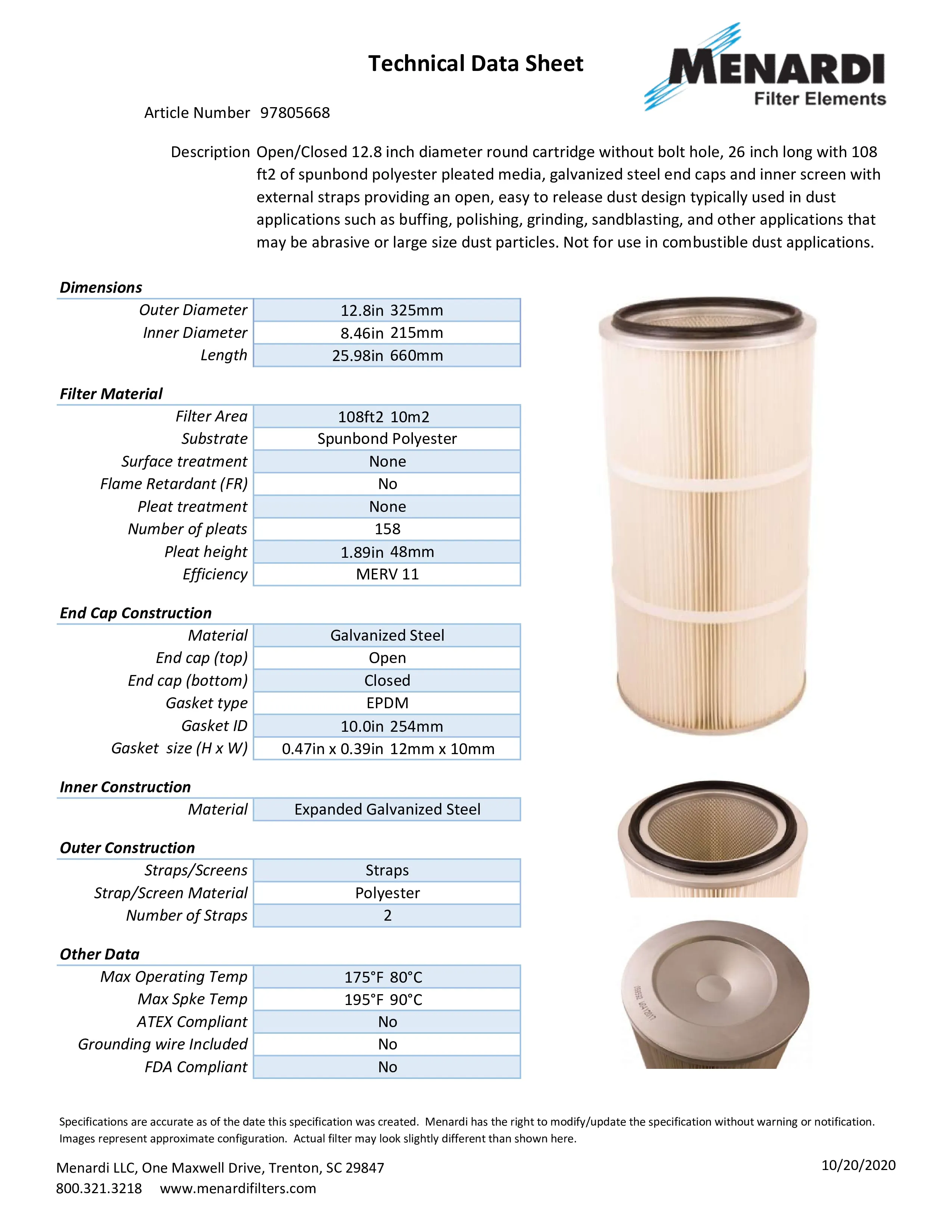 Round 12.8in x 26in Open/Closed Dust Collector Cartridge, Spunbond Polyester