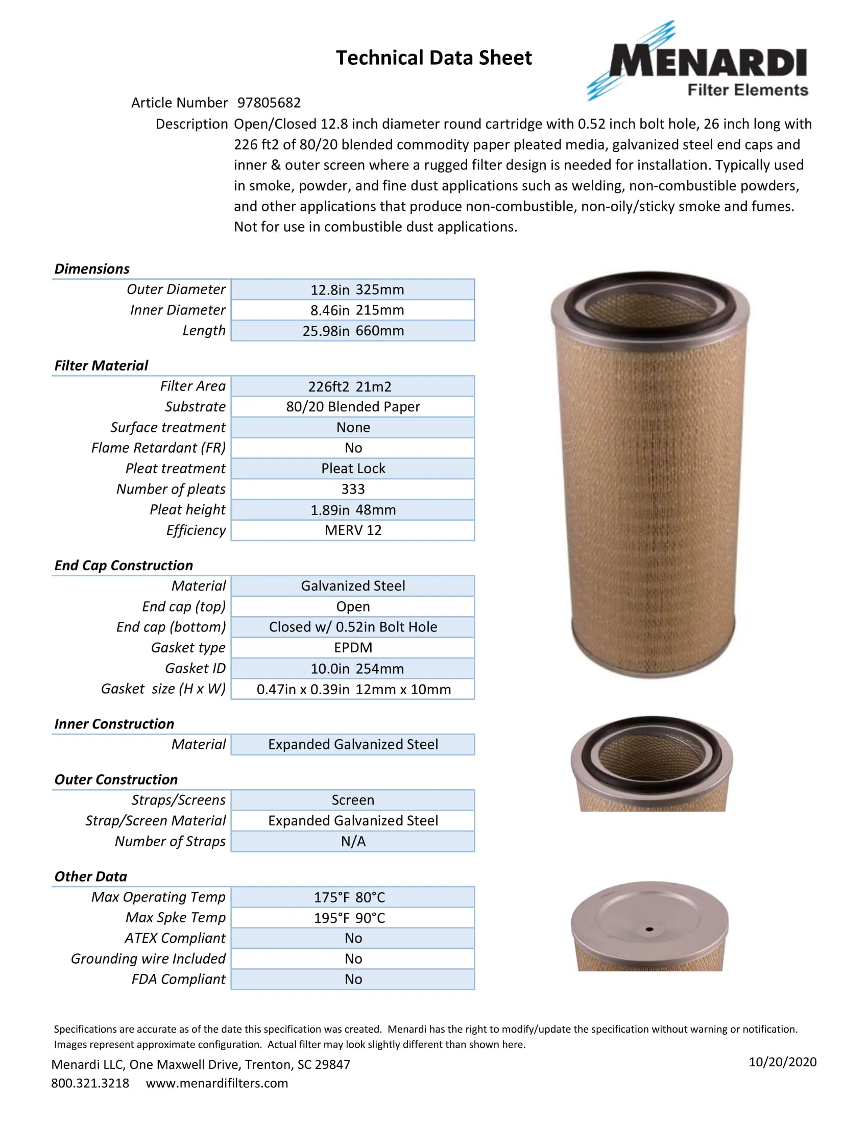 Round 12.8in x 26in Open/Closed w/Bolt Hole Dust Collector Cartridge, 80/20 Blended Paper and Outer Metal Screen