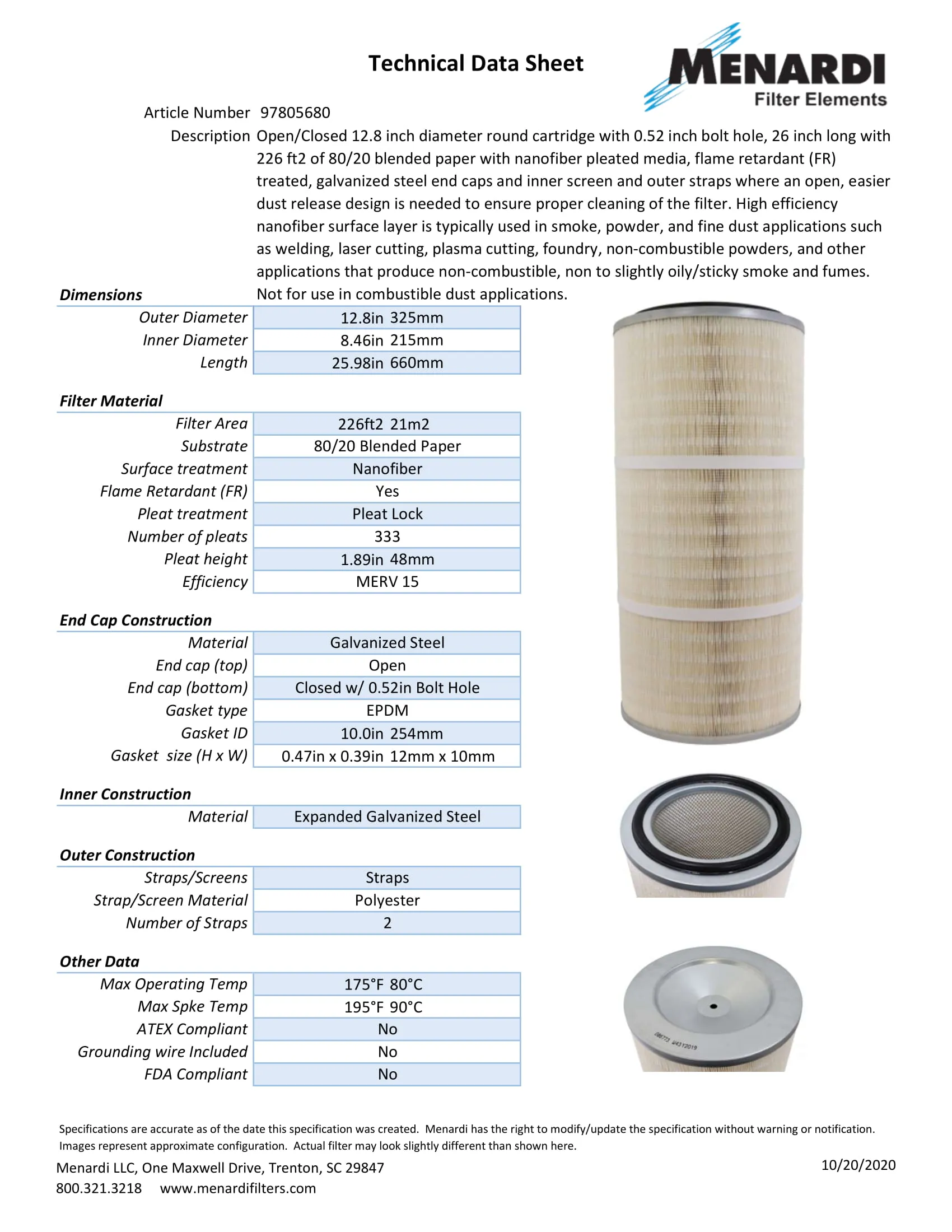 Round 12.8in x 26in Open/Closed w/Bolt Hole Dust Collector Cartridge, FR Treated 80/20 Blended Paper w/ Nanofiber and 2 Straps