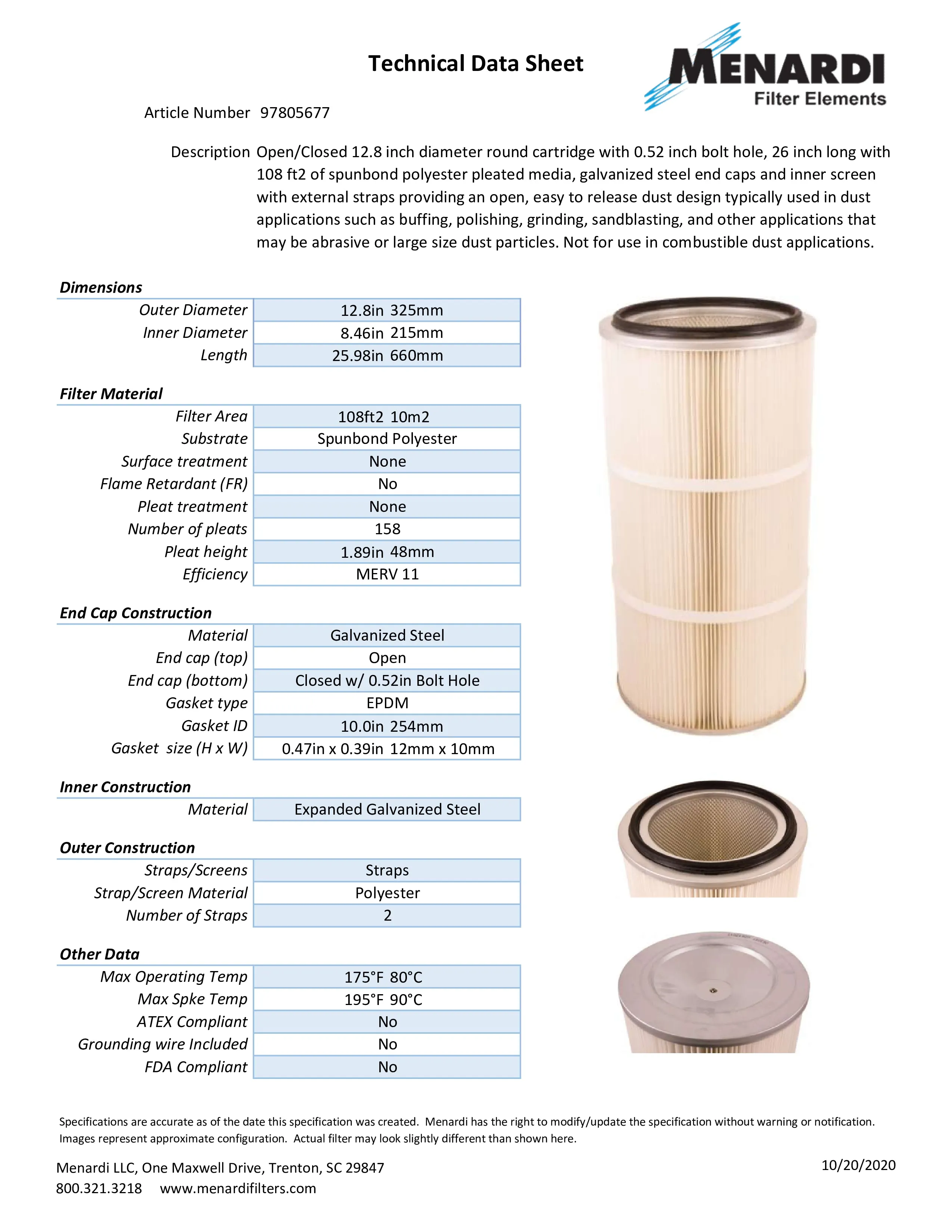 Round 12.8in x 26in Open/Closed w/Bolt Hole Dust Collector Cartridge, Spunbond Polyester