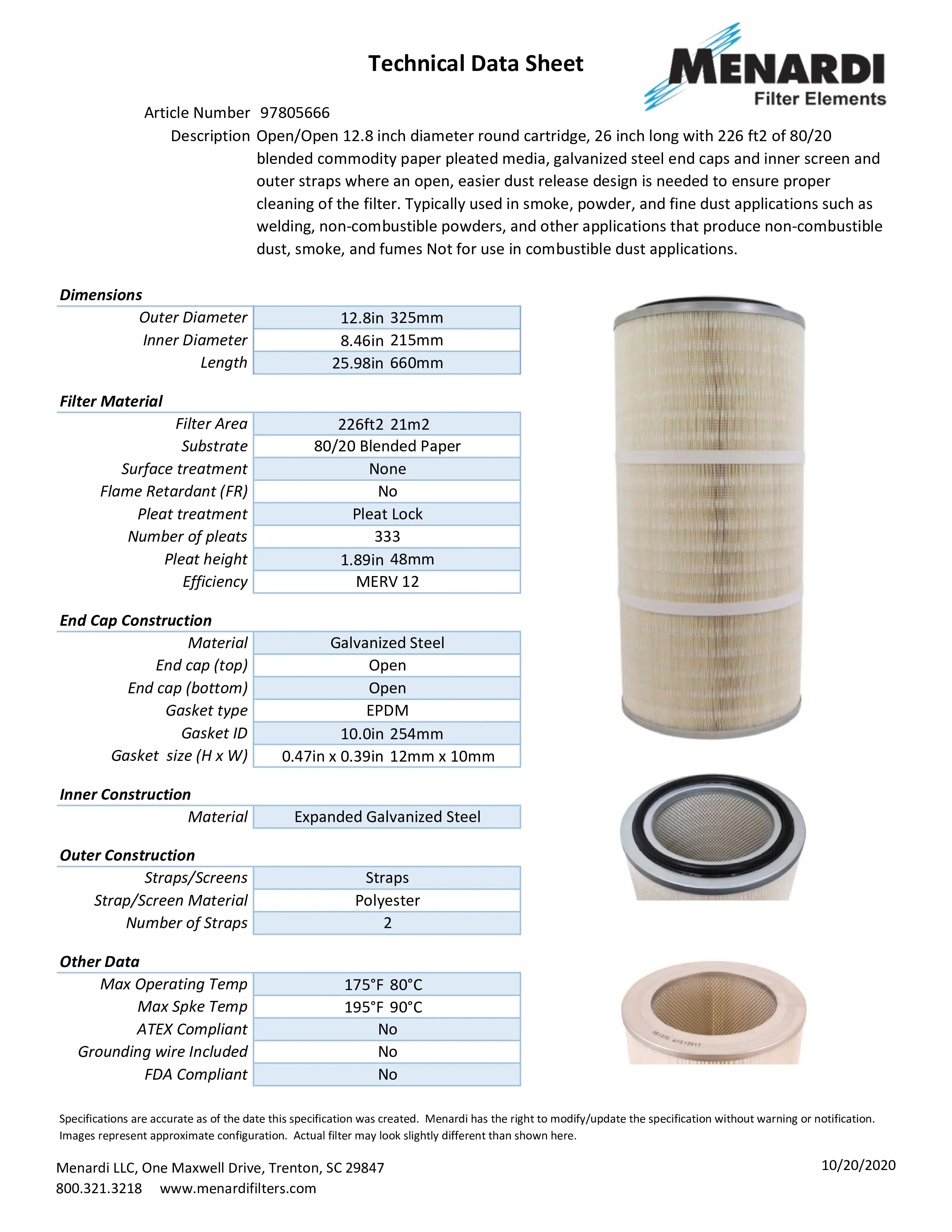 Round 12.8in x 26in Open/Open Dust Collector Cartridge, 80/20 Blended Paper and 2 Straps