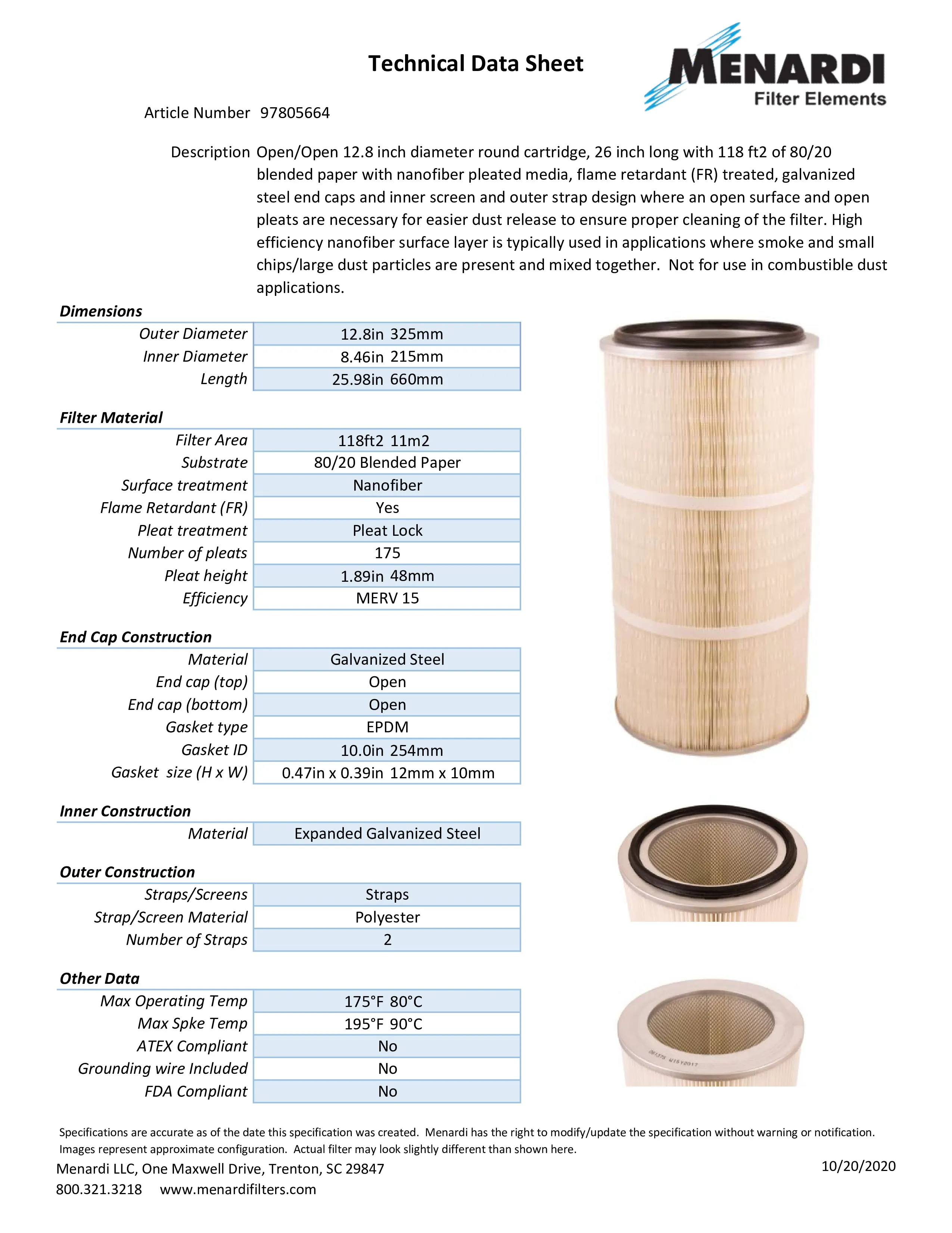 Round 12.8in x 26in Open/Open Dust Collector Cartridge, FR Treated 80/20 Blended Paper w/ Nanofiber, Wide Pleat and 2 Straps