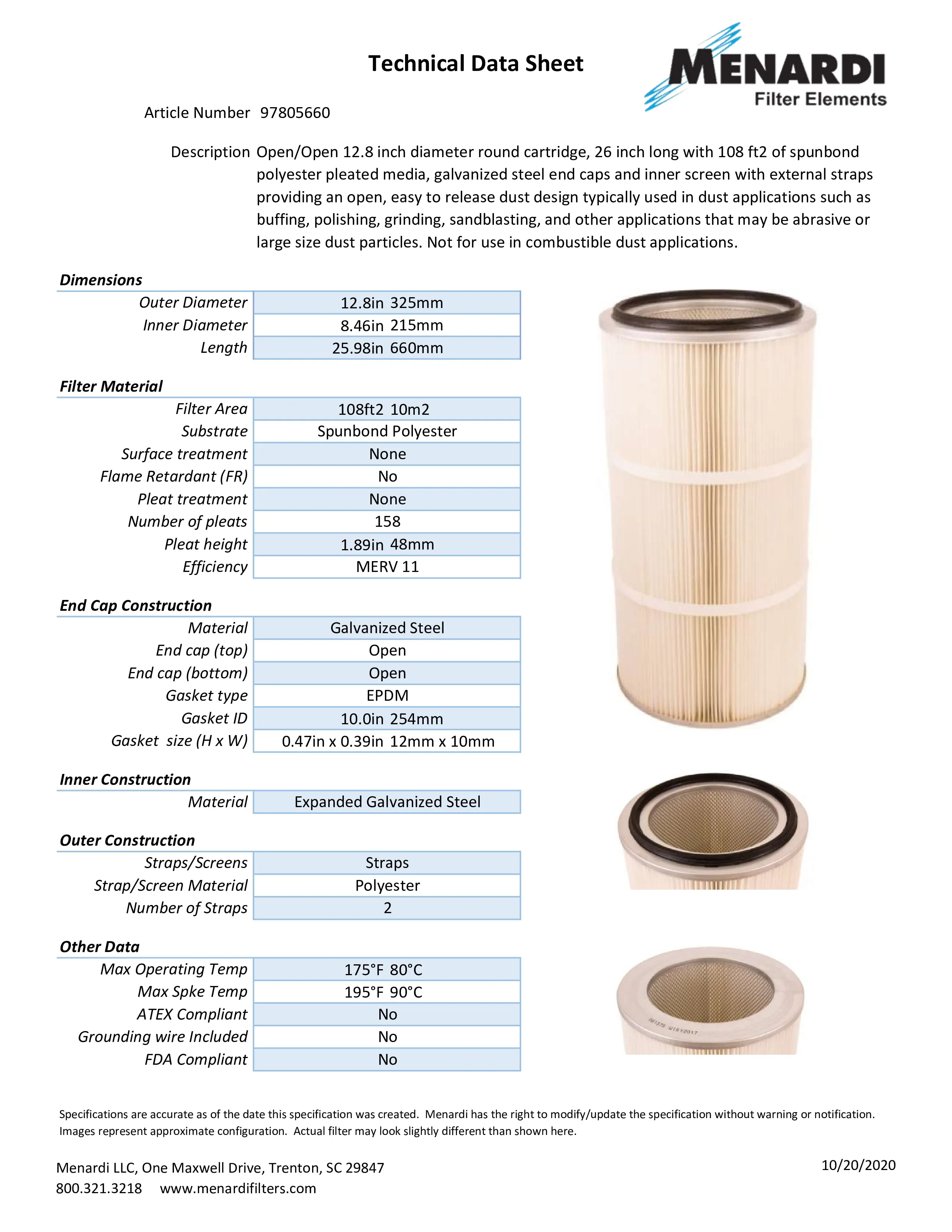 Round 12.8in x 26in Open/Open Dust Collector Cartridge, Spunbond Polyester