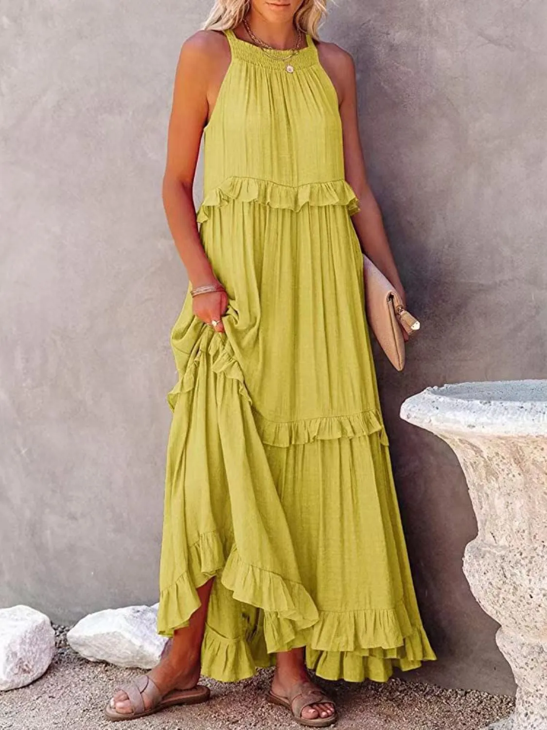 Ruffled Resort Maxi Dress with Pockets