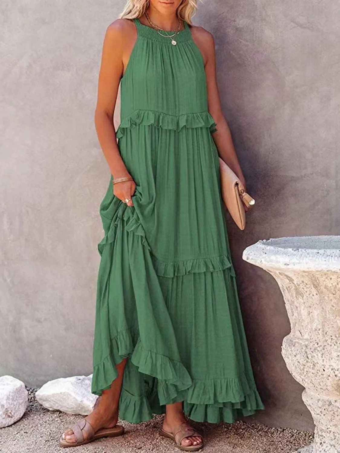 Ruffled Resort Maxi Dress with Pockets