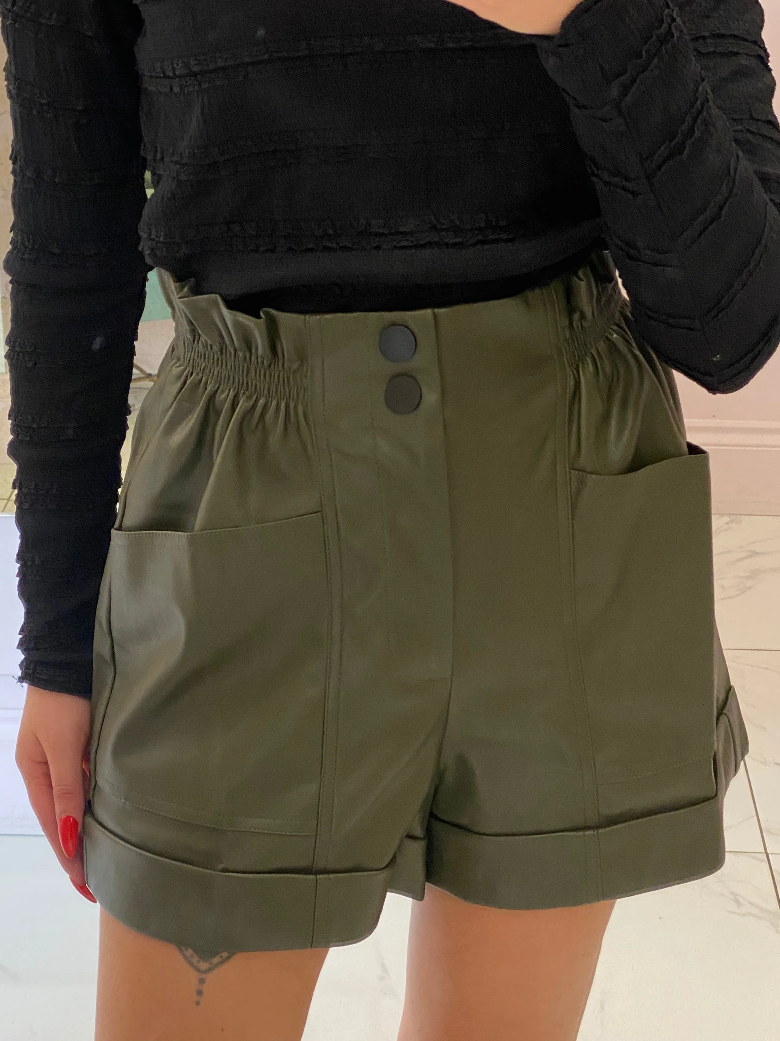 Sherrie khaki Faux Leather High Waist Shorts