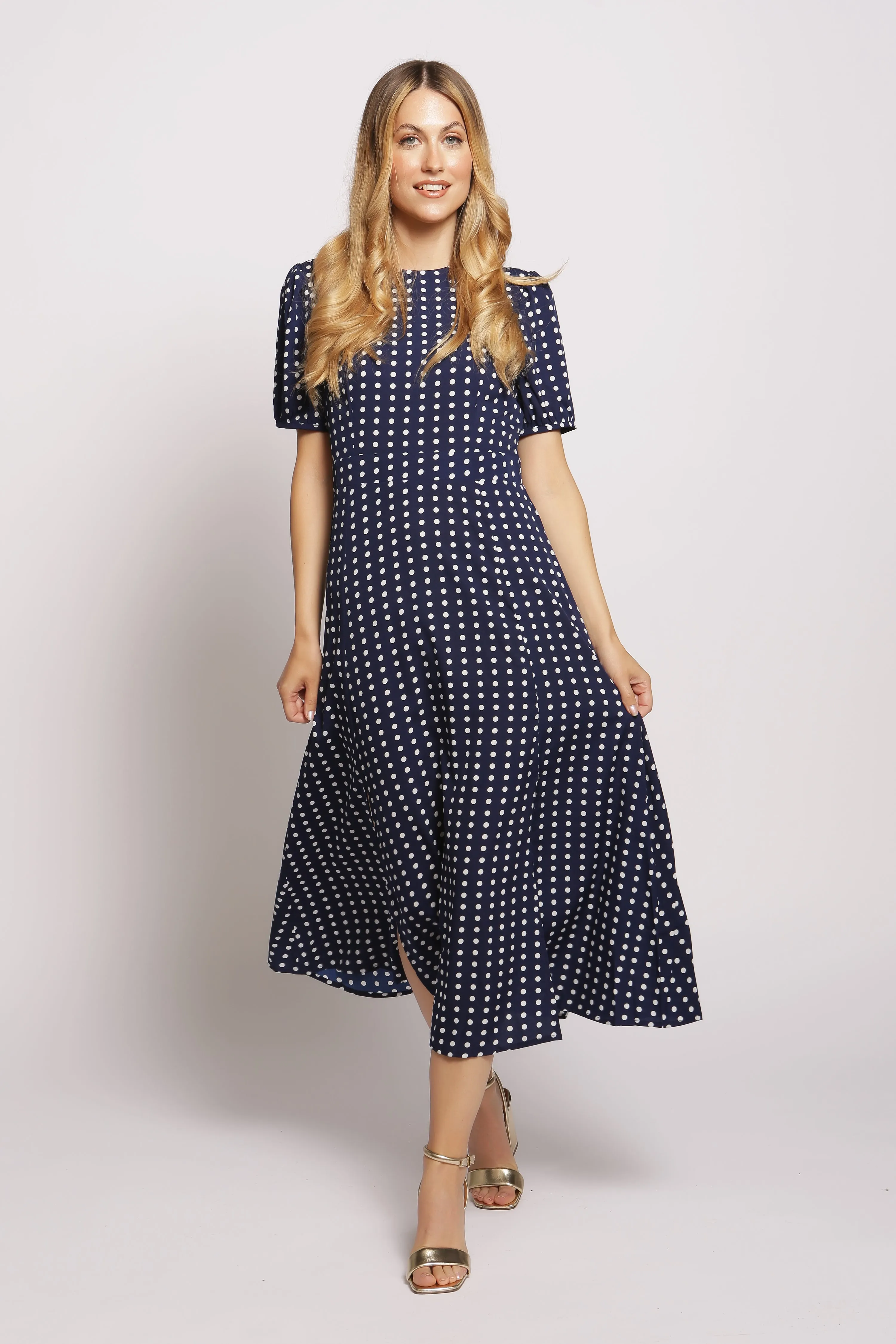 Short Sleeve Maxi Dress In Polka Dot - Navy