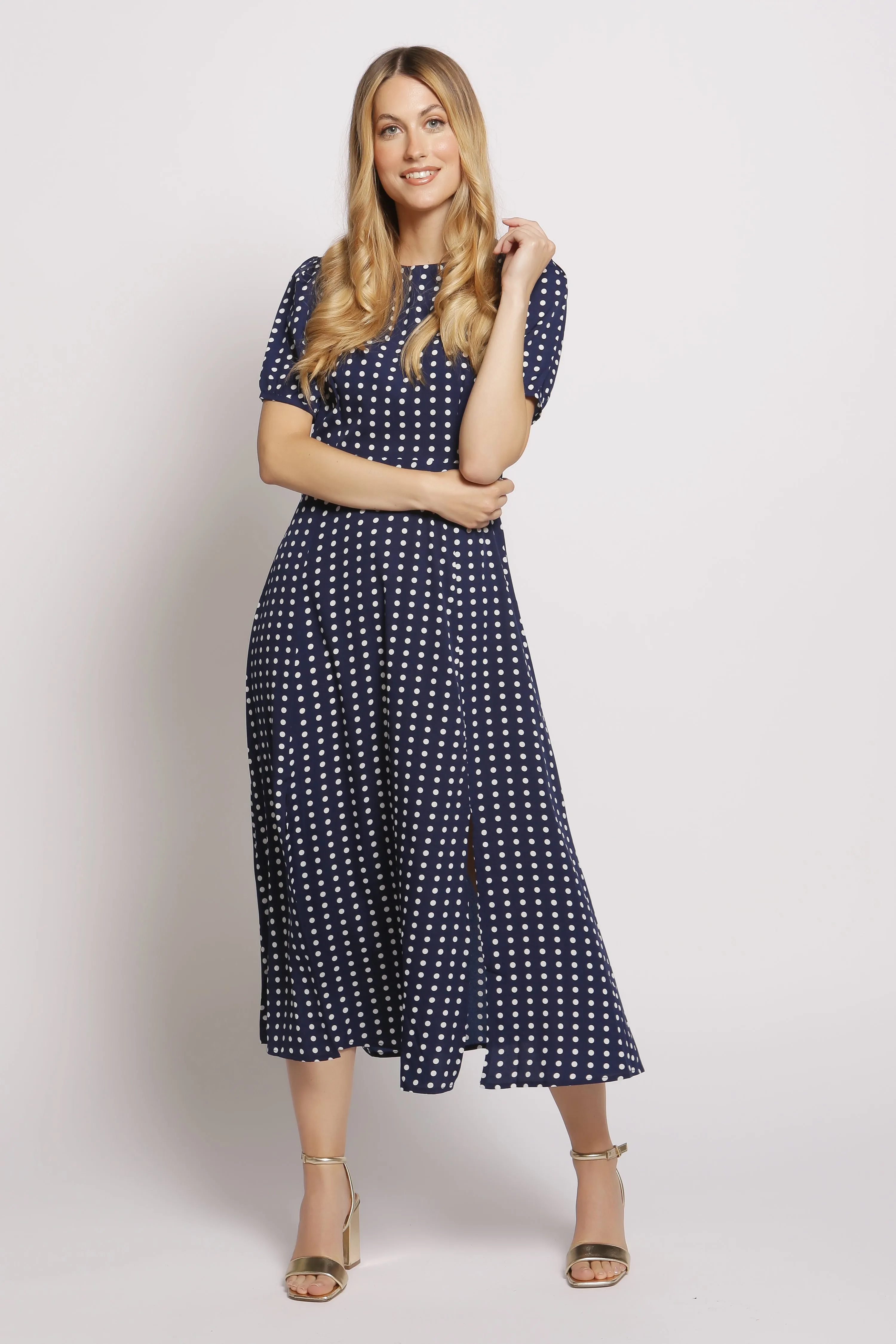 Short Sleeve Maxi Dress In Polka Dot - Navy