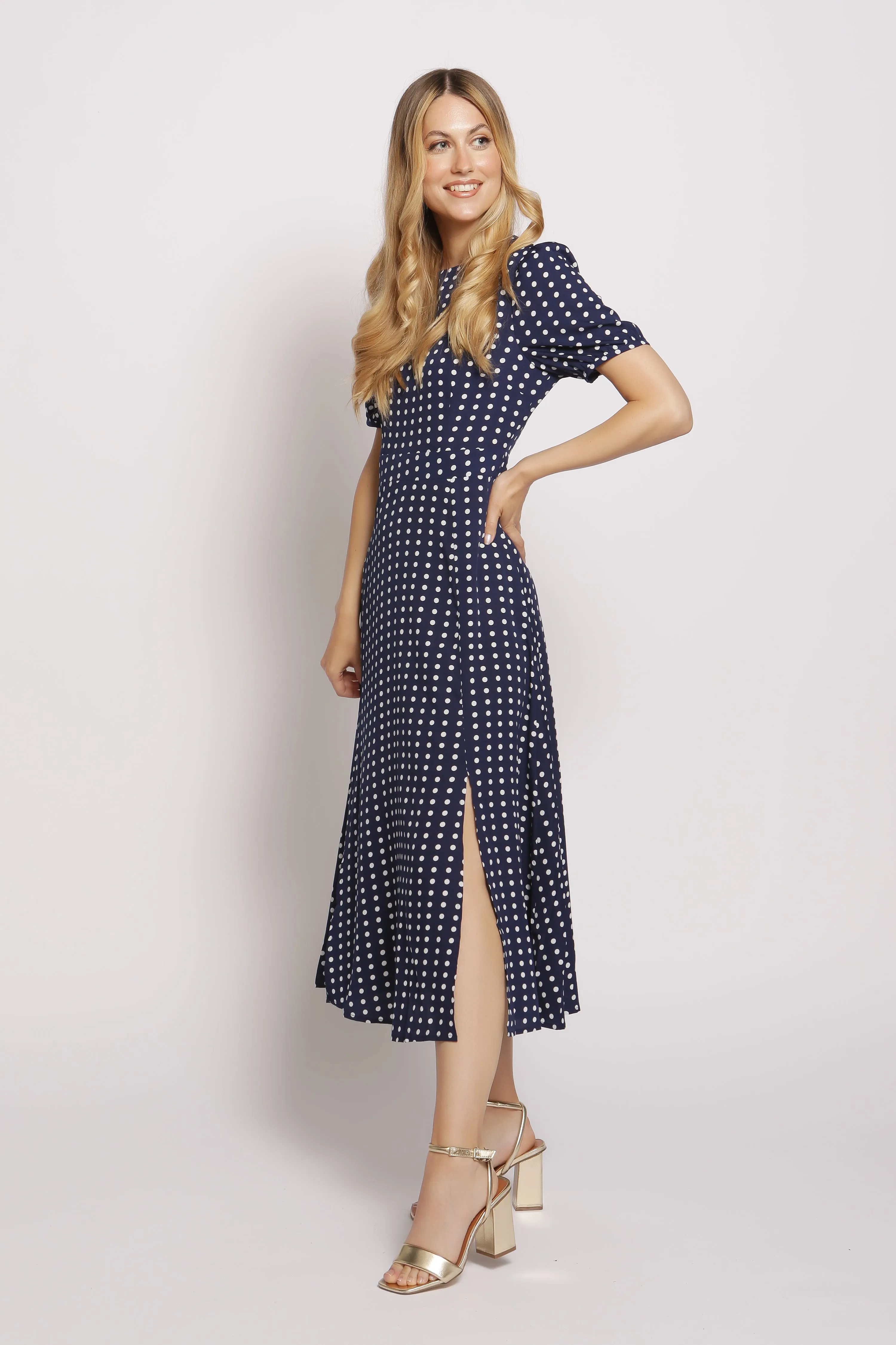 Short Sleeve Maxi Dress In Polka Dot - Navy