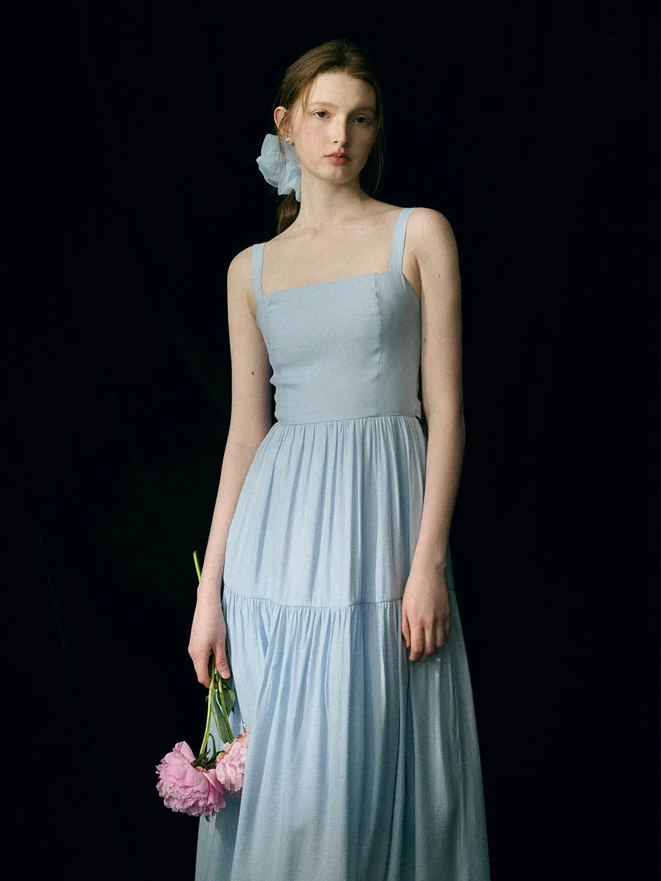 Sky back ribbon long dress