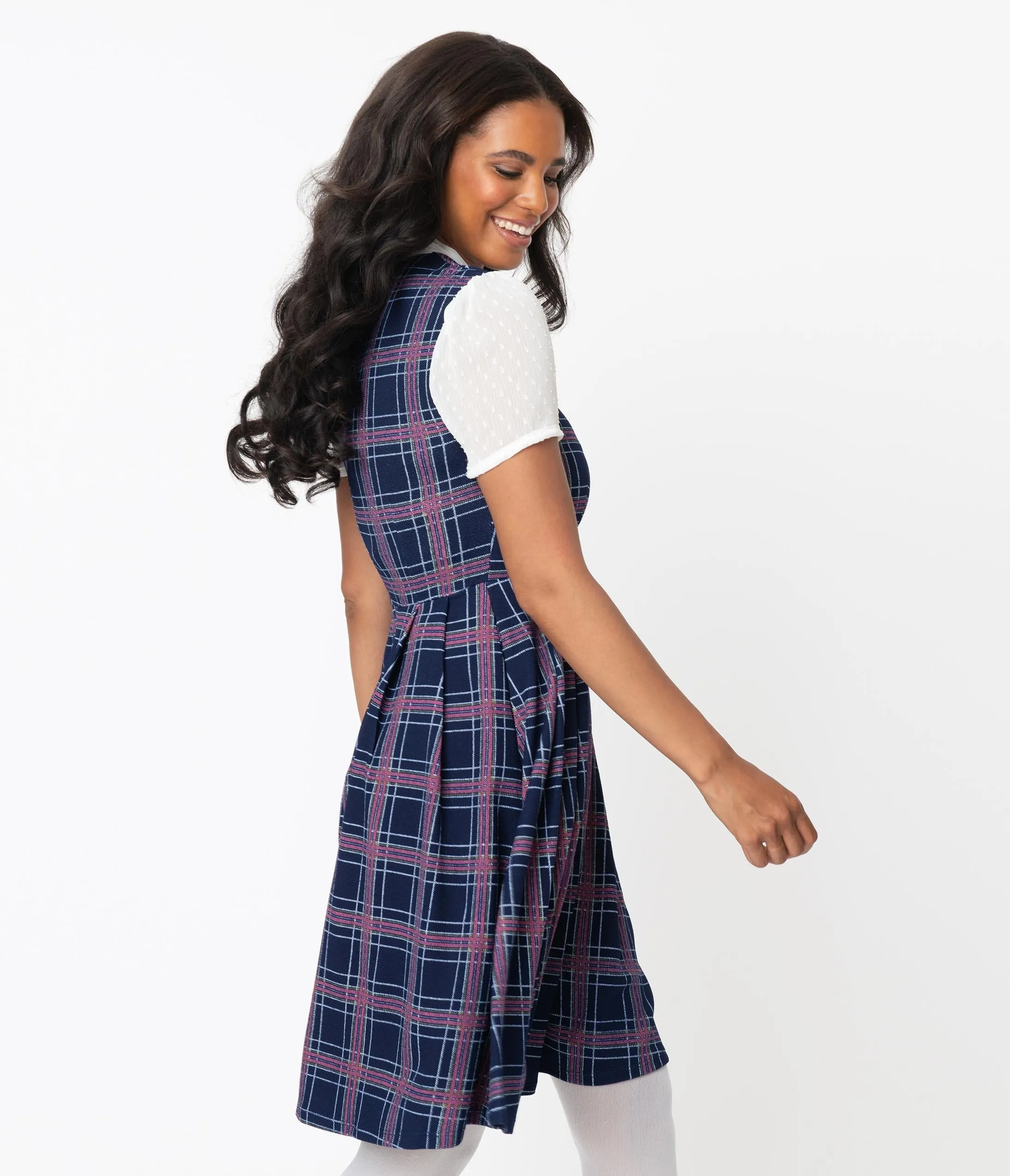 Smak Parlour Navy Blue Plaid Empower Hour Swing Dress