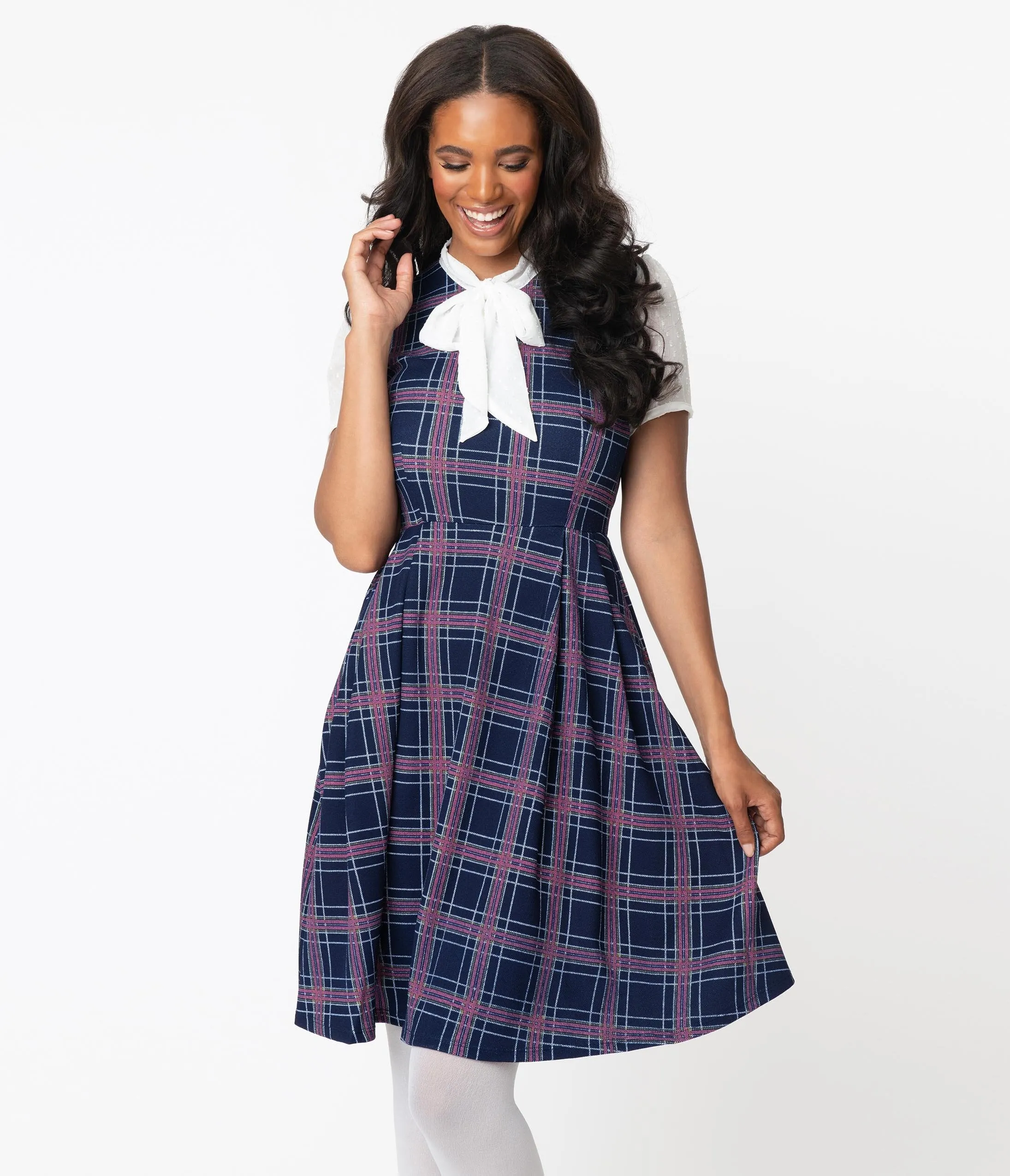 Smak Parlour Navy Blue Plaid Empower Hour Swing Dress