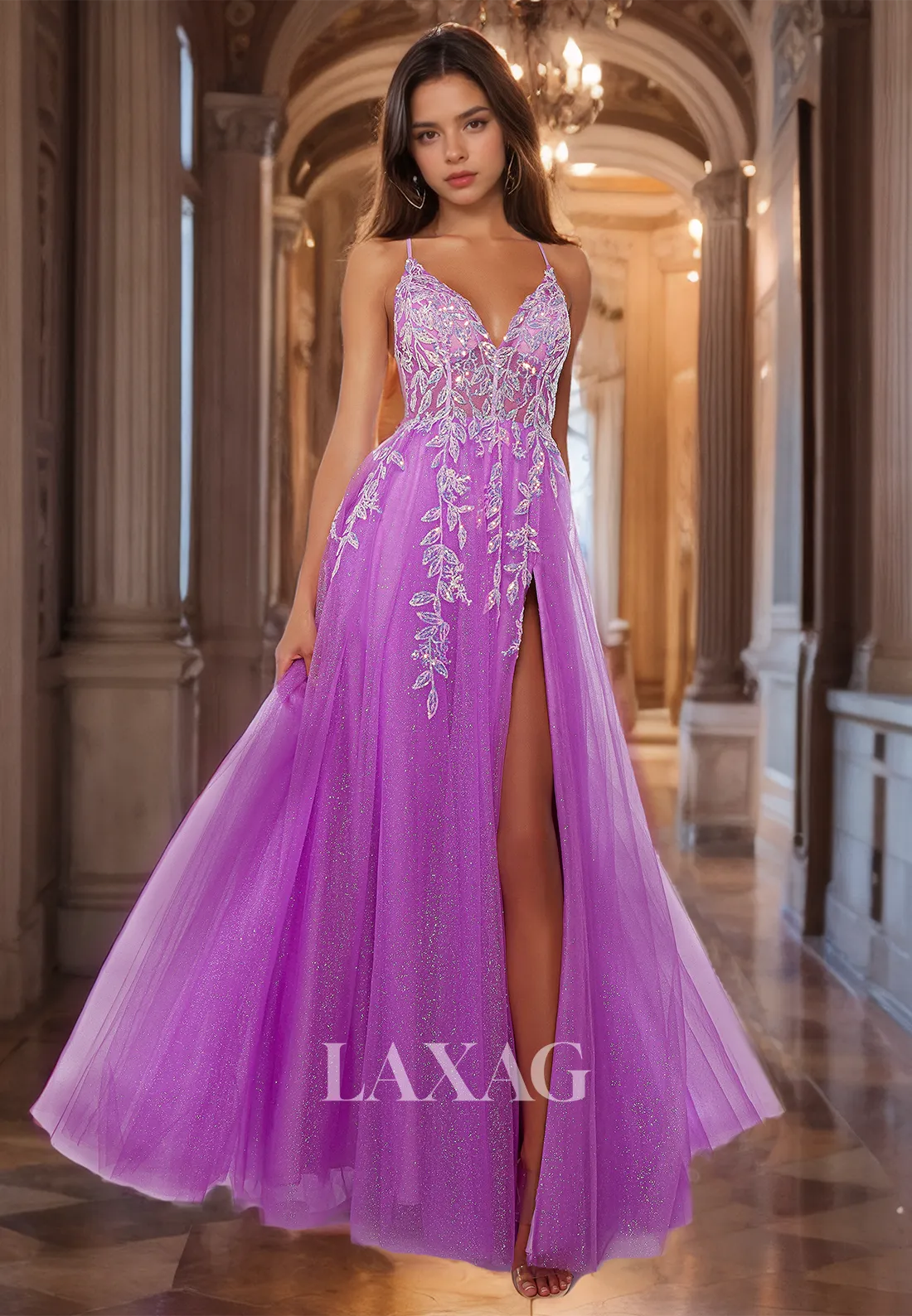 Spaghetti Straps V-Neck Glitter-Knit Formal Gowns Sleeveless Pleated Beaded Applique A-Line Prom Dress