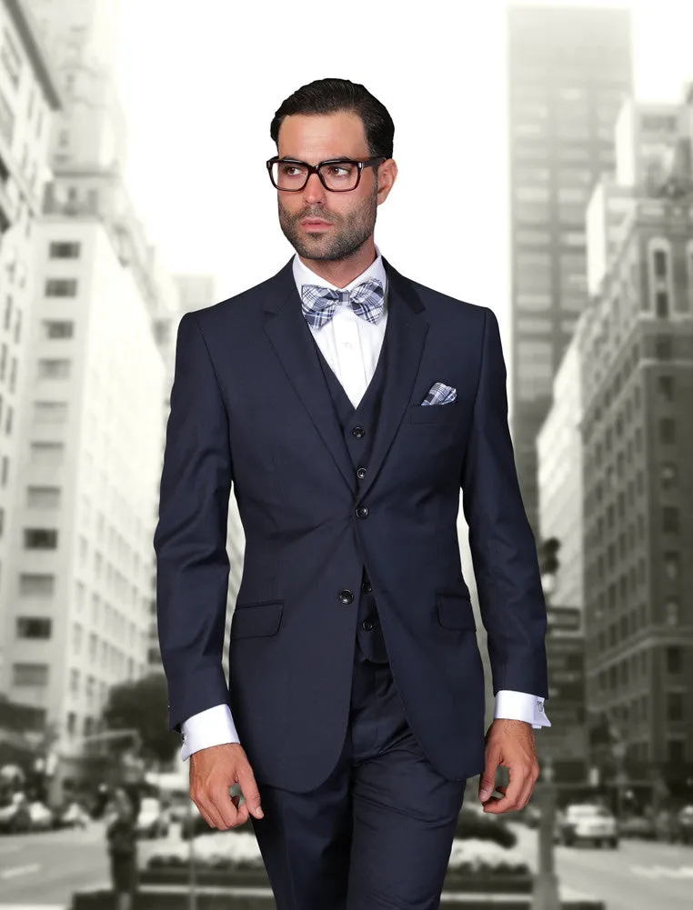 Statement 3 Piece Modern Fit Suit - Navy Blue | 100% Wool | Super 150's