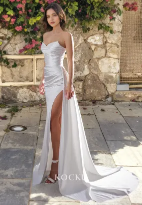 Strapless Sheath High Split Pleated Satin Wedding Dress with Train