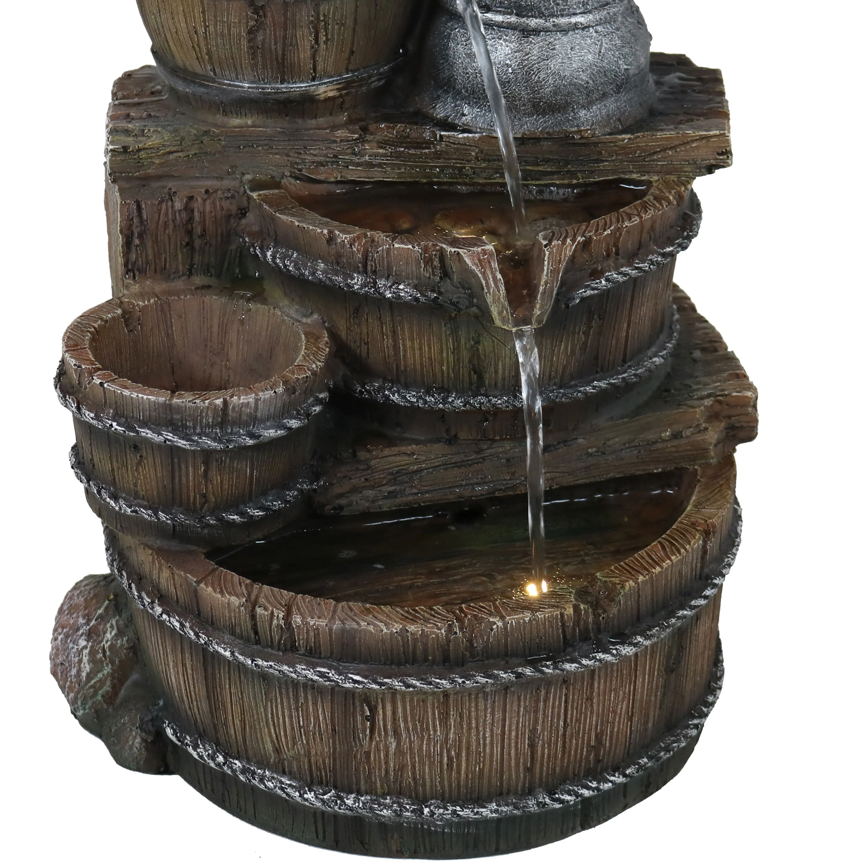 Sunnydaze Cozy Farmhouse Pump and Barrels Outdoor Fountain with Lights