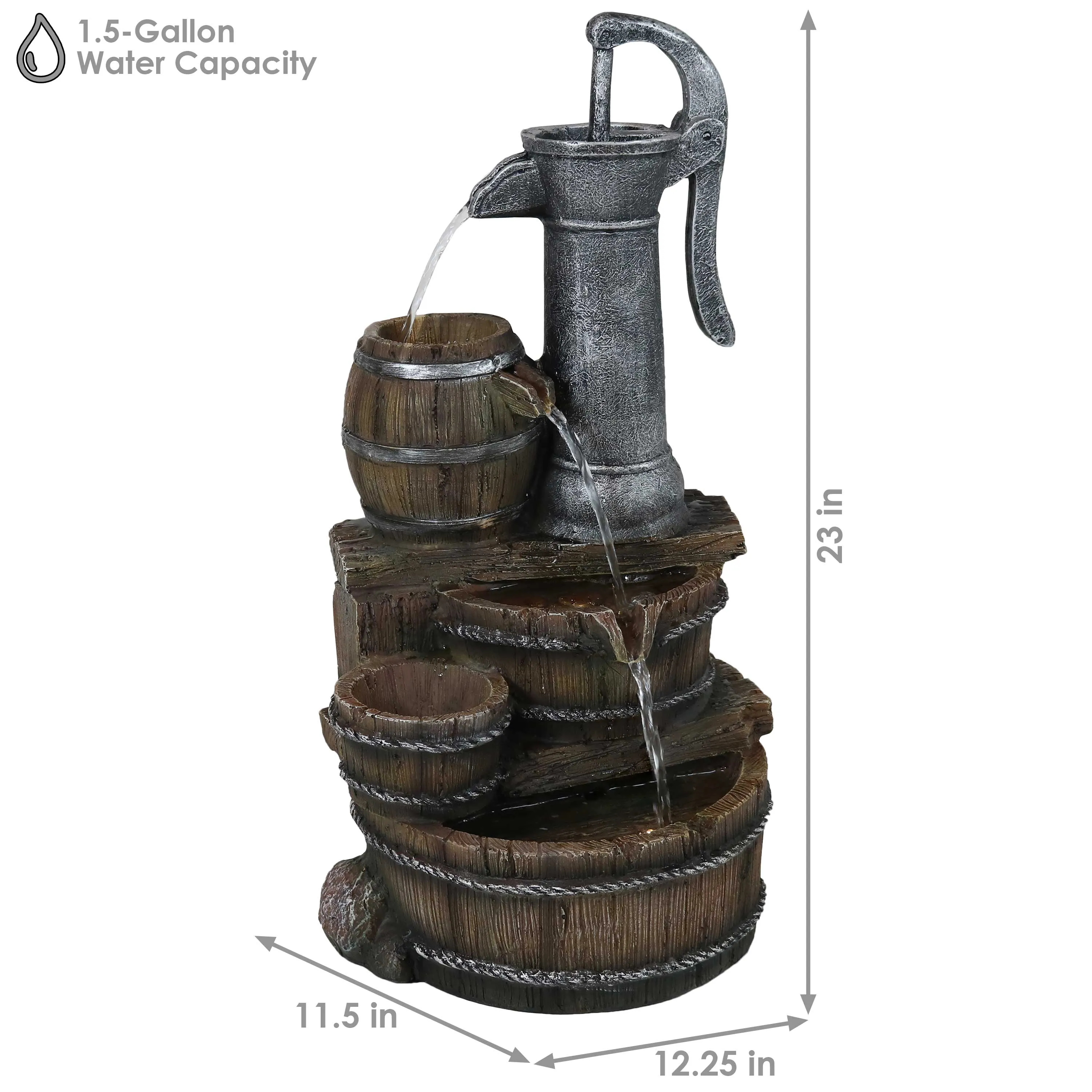 Sunnydaze Cozy Farmhouse Pump and Barrels Outdoor Fountain with Lights