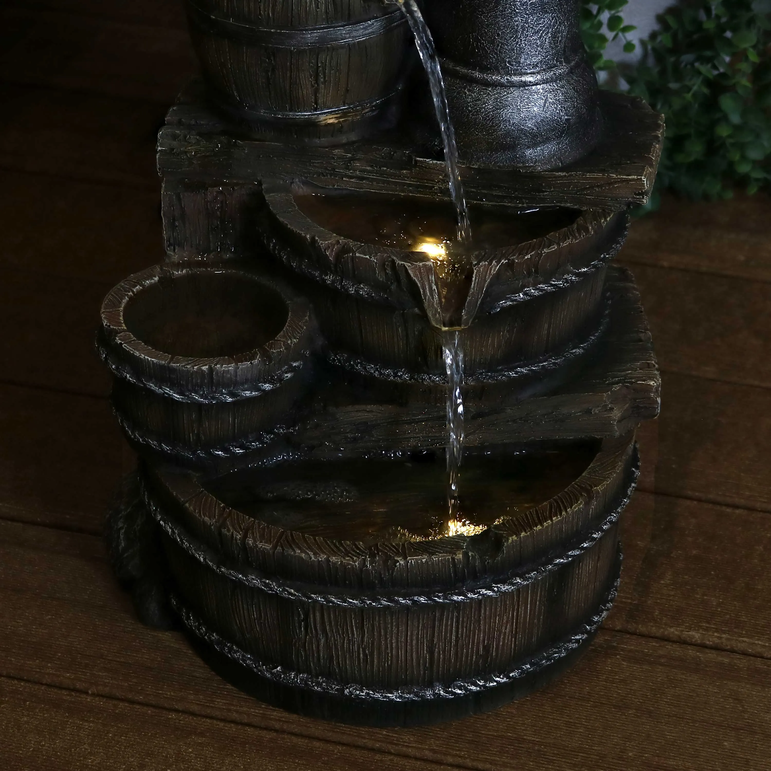 Sunnydaze Cozy Farmhouse Pump and Barrels Outdoor Fountain with Lights