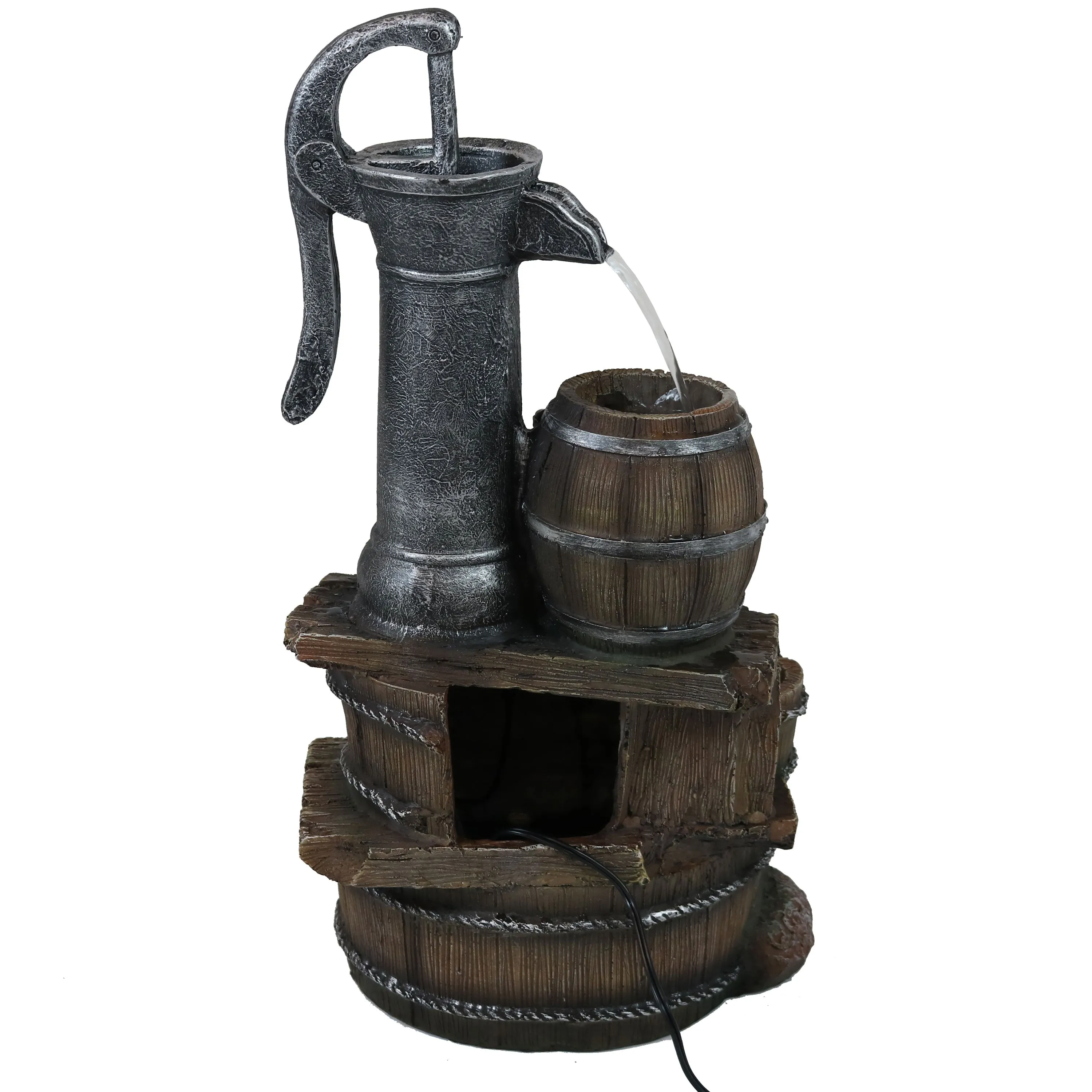 Sunnydaze Cozy Farmhouse Pump and Barrels Outdoor Fountain with Lights