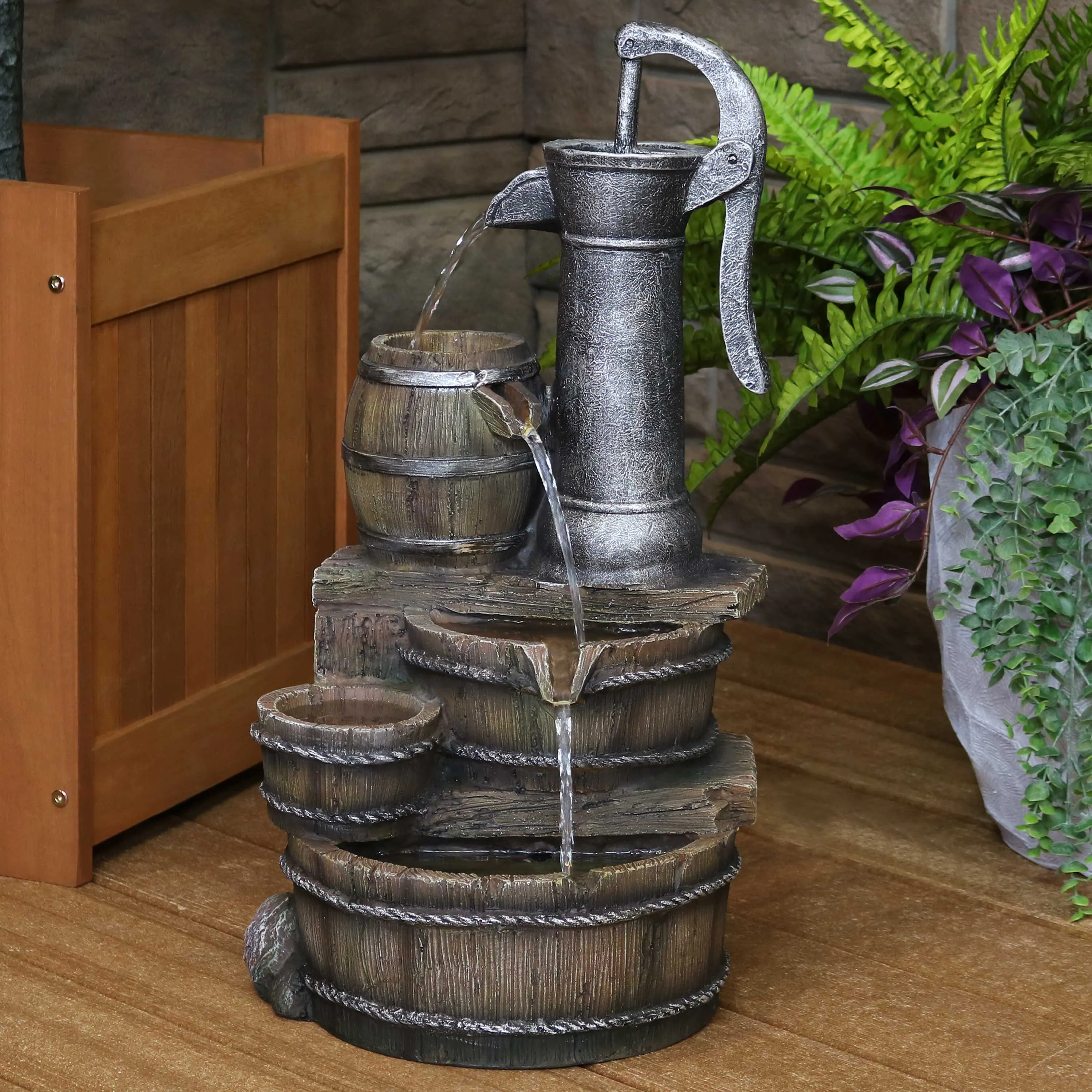 Sunnydaze Cozy Farmhouse Pump and Barrels Outdoor Fountain with Lights