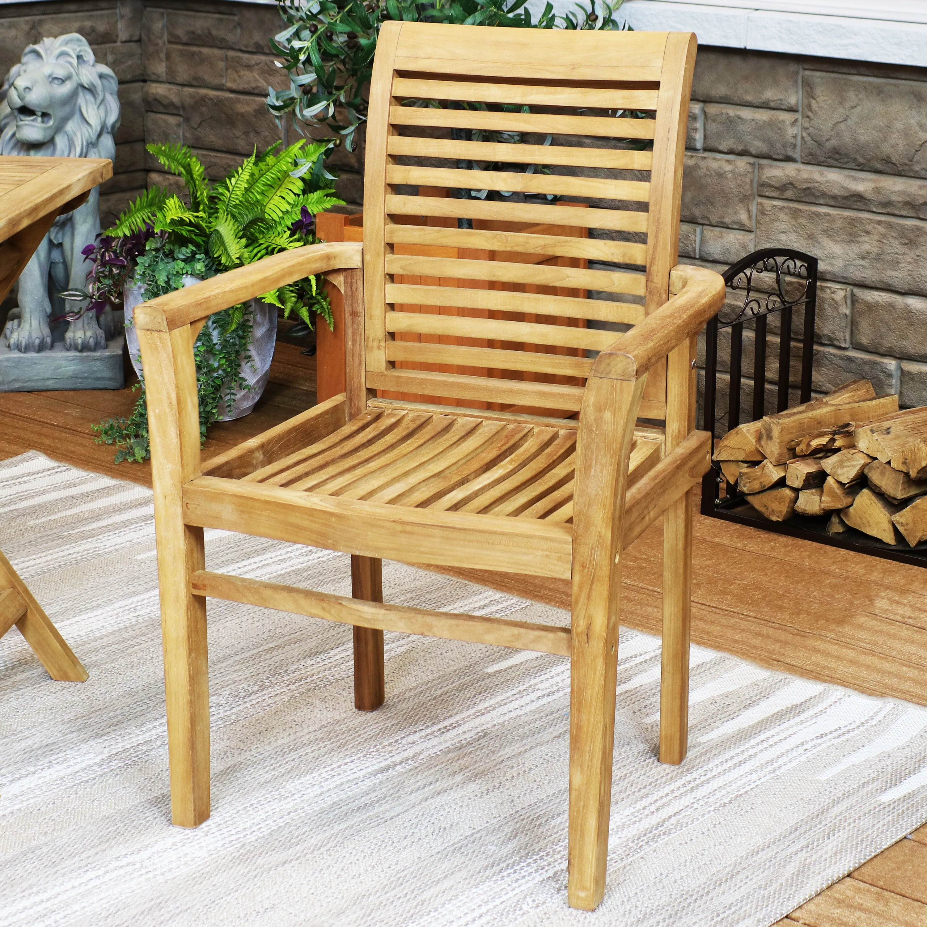 Sunnydaze Teak Outdoor Patio Dining Armchair - Traditional Slat Style - 1 Chair