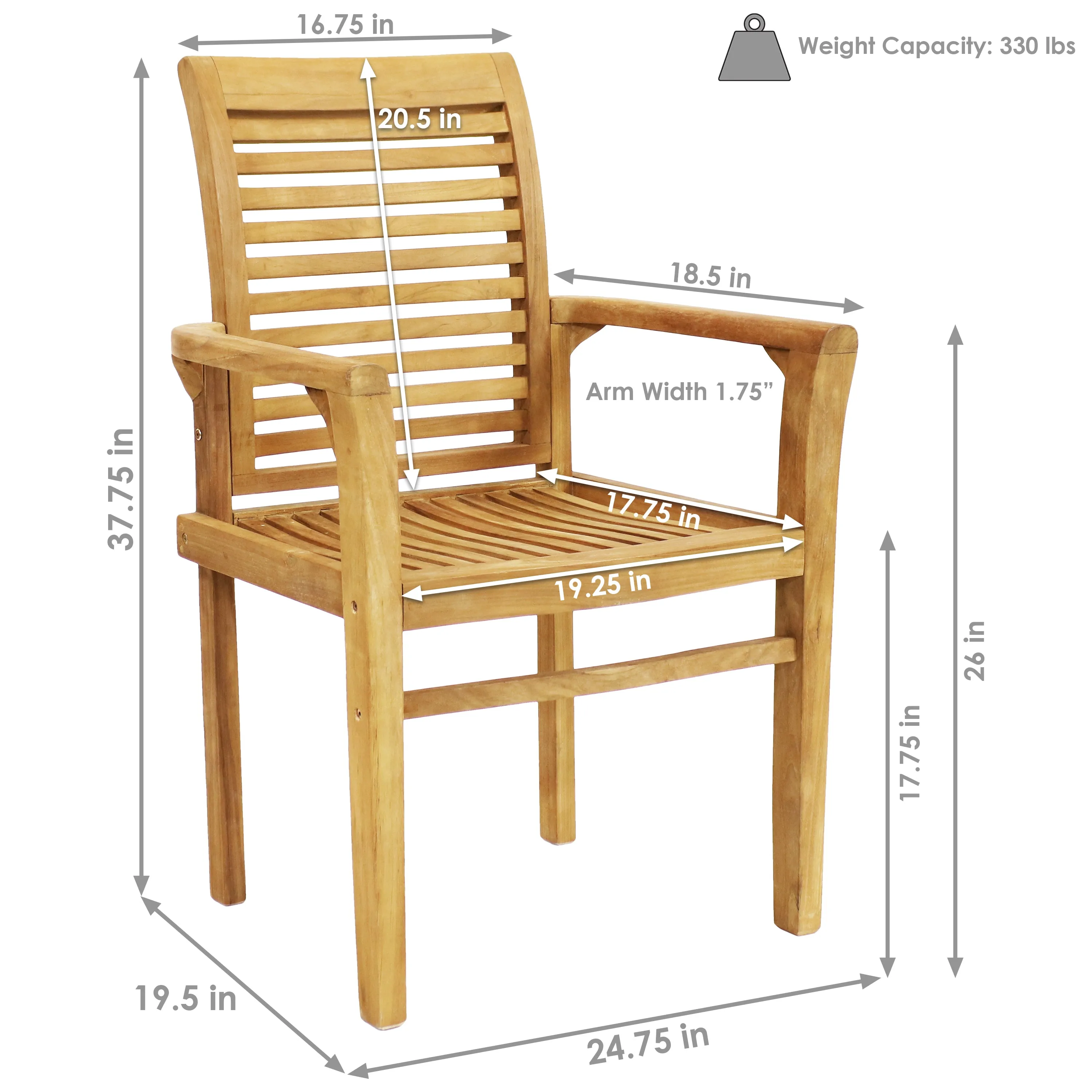 Sunnydaze Teak Outdoor Patio Dining Armchair - Traditional Slat Style - 1 Chair