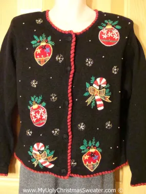 Tacky Christmas Sweater Party Ugly 80s Sweater with Padded Shoulders. Candy Canes and Ornaments (f963)