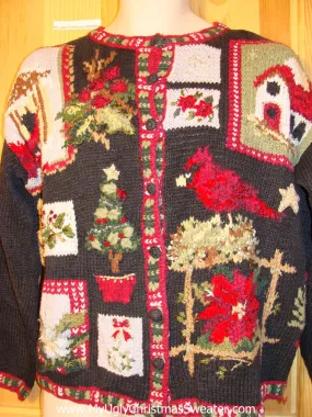 Tacky Ugly Christmas Sweater Busy Pattern with Cardinal Bird  (f343)