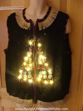 Tacky Ugly Christmas Sweater Vest with Lights and Fringe (g63)