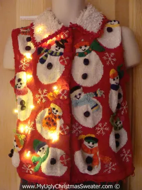 Tacky Xmas Sweater Vest with Lights Wobbly Snowmen Furry Collar (g131)