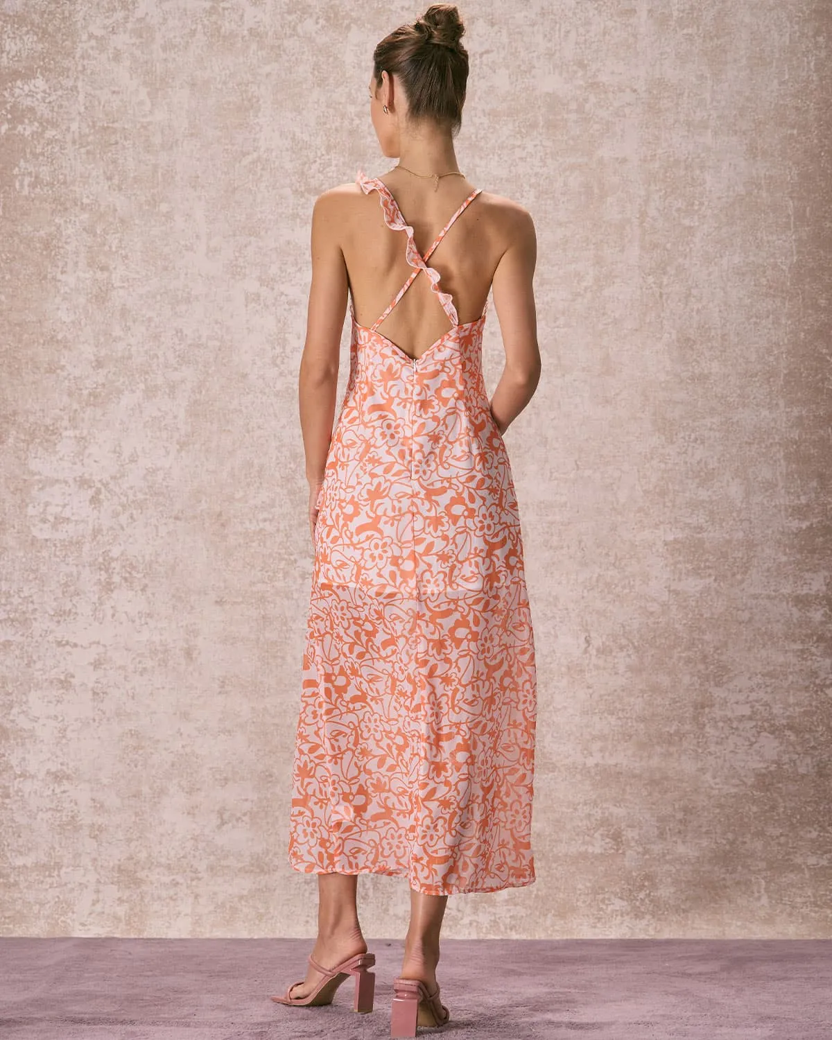 The Orange V Neck Floral Ruffle Maxi Dress