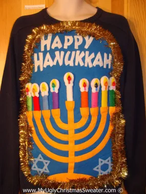 Ugly Christmas Sweater Party Hanukkah Sweater Mens with Menorah (j235)