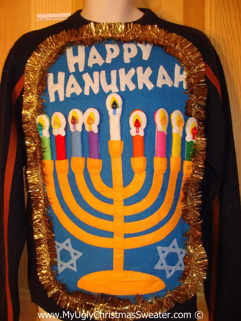 Ugly Christmas Sweater Party Hanukkah Sweater Mens with Menorah (j260)