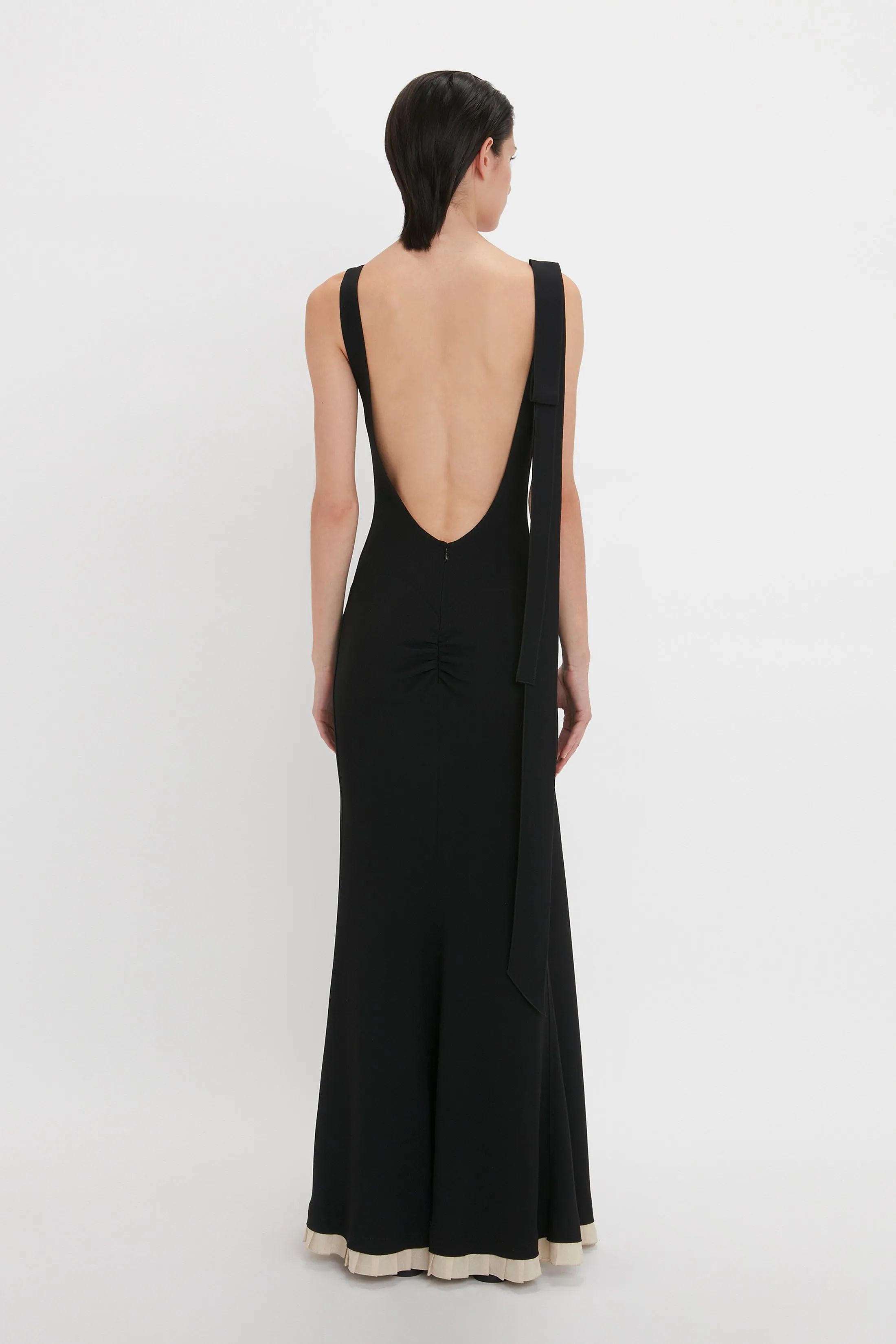 V-Neck Gathered Waist Floor-Length Gown In Black