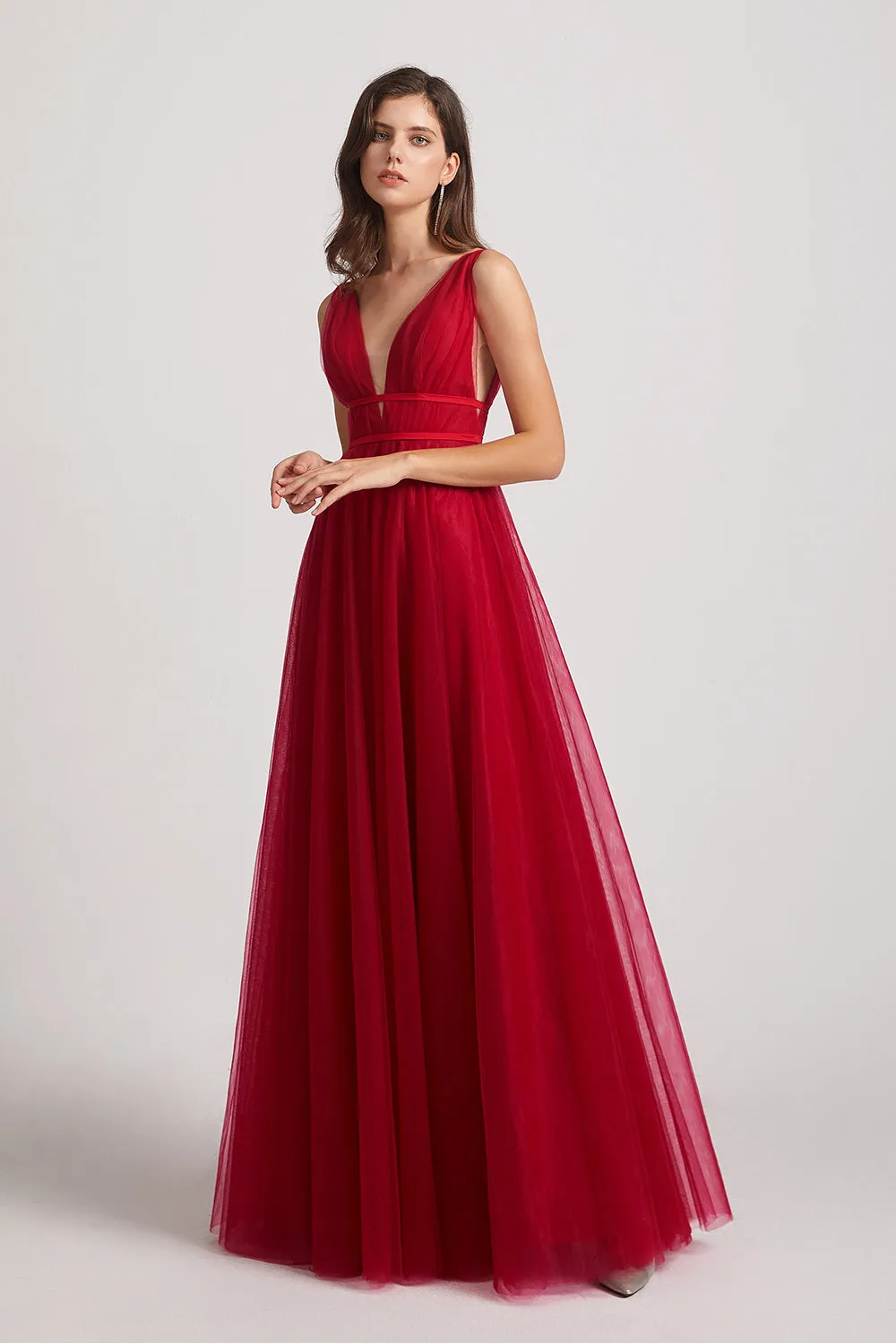 V-Neck Sleeveless A-Line Tulle Long Bridesmaid Dresses (AF0152)