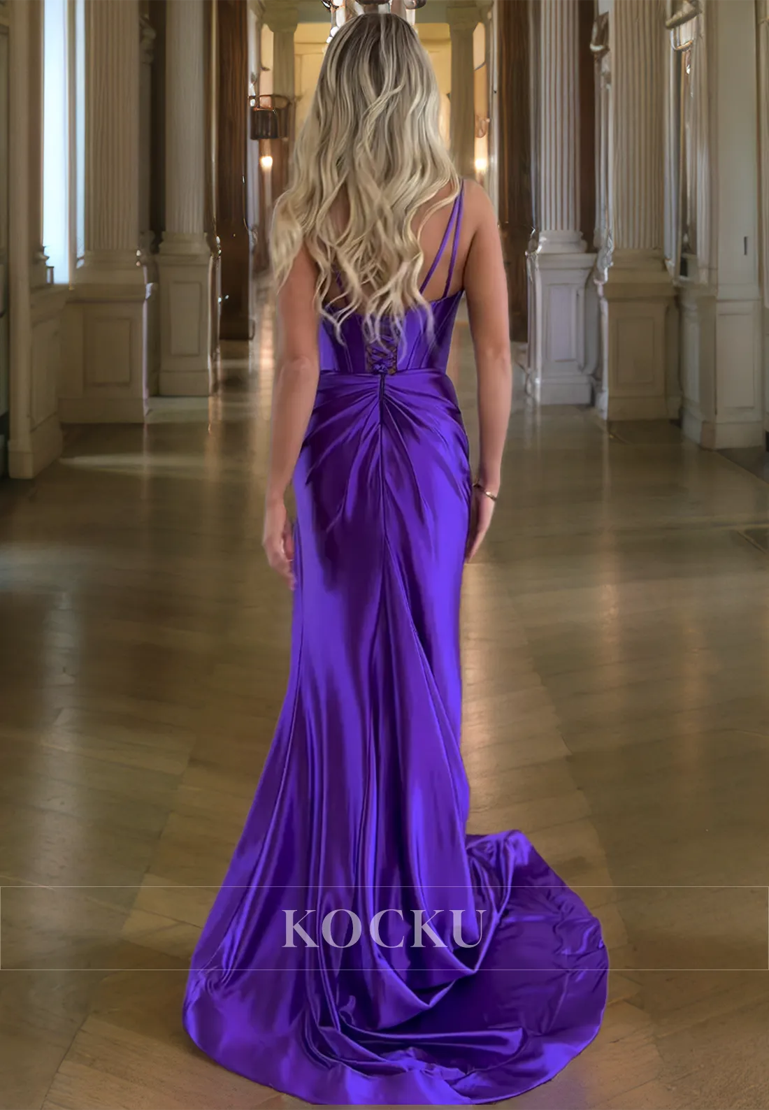 V-Neck Spaghetti Straps Sheath Stripe Sweep Train Pleated Satin Prom Dress with Split Evening Gowns