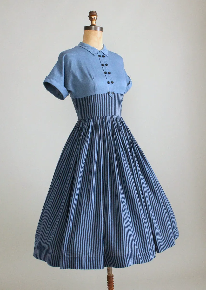 Vintage 1950s Striped Chambray Cotton Day Dress